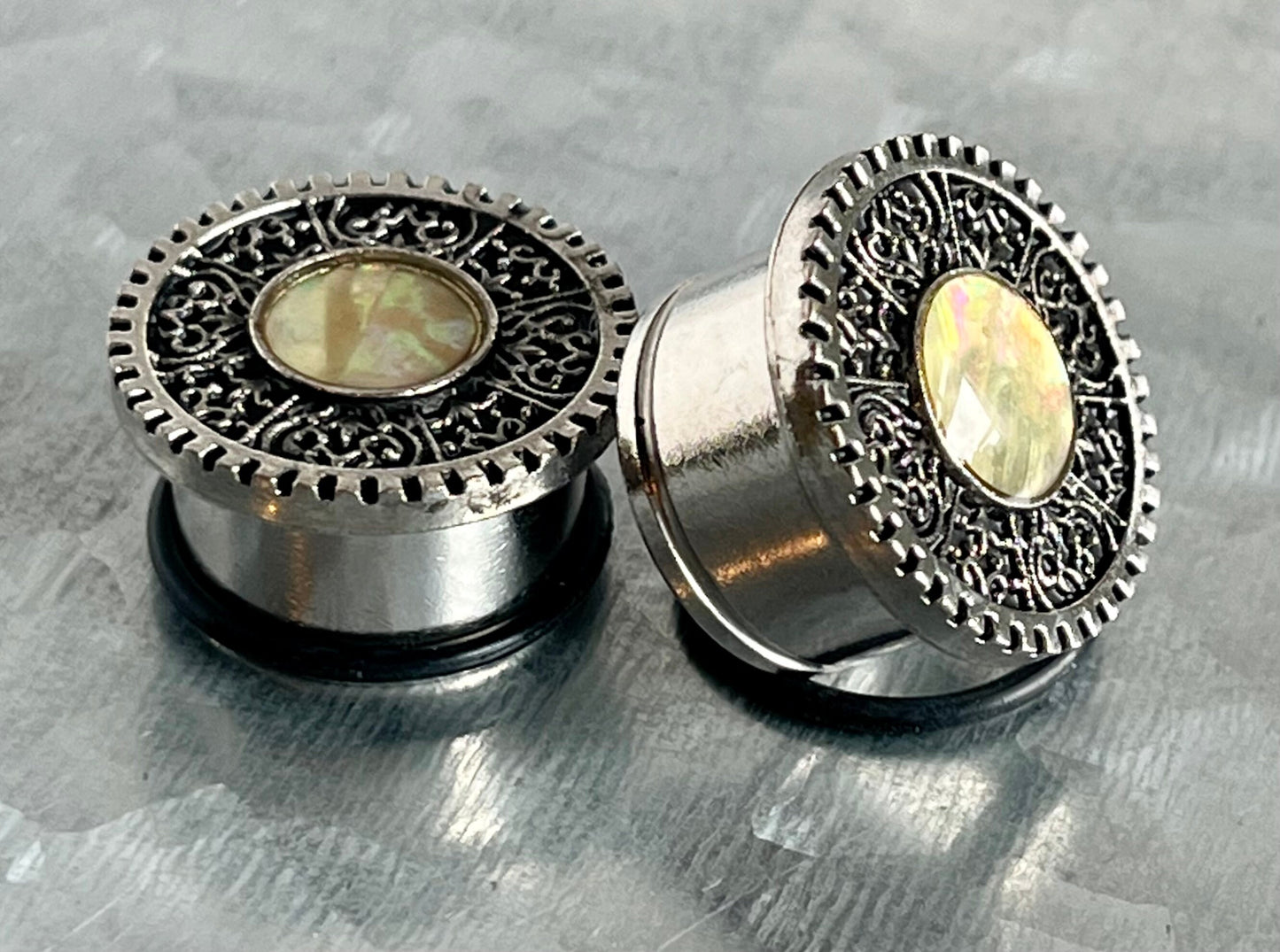 PAIR of Unique Opal Tribal Shield Surgical Steel Single Flare Plugs with O-Rings - Gauges 0g (8mm) thru - 5/16" (16mm) Available!