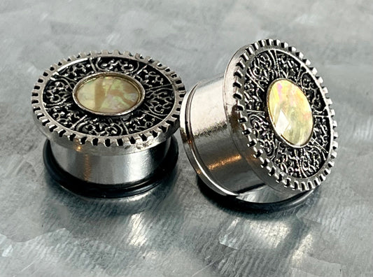 PAIR of Unique Opal Tribal Shield Surgical Steel Single Flare Plugs with O-Rings - Gauges 0g (8mm) thru - 5/16" (16mm) Available!