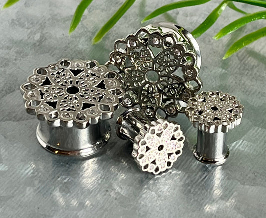 PAIR of Beautiful Crystal Set Vintage Filigree Double Flare Tunnels - Gauges 8g (3mm) thru 5/8" (16mm) available!