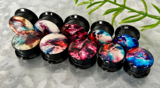 PAIR of Unique Galaxy Outer Space Style Acrylic Screw Fit Plugs - Gauges 2g (6mm) thru 5/8" (16mm) - Available in 5 Styles!