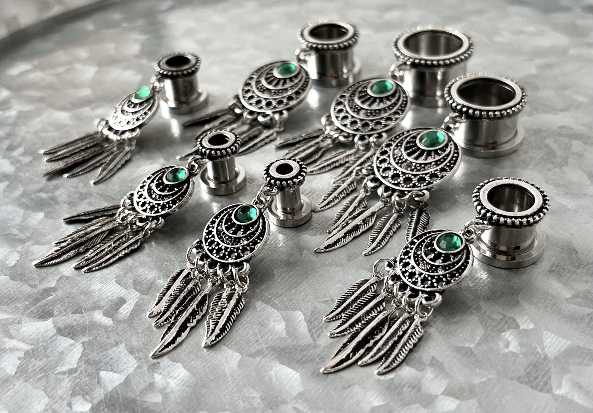 PAIR of Unique Dream Catcher with Beaded Edge and Green Crystal Gem Dangle Screw Fit Tunnels -Gauges 4g (5mm) thru 5/8" (16mm) Available!