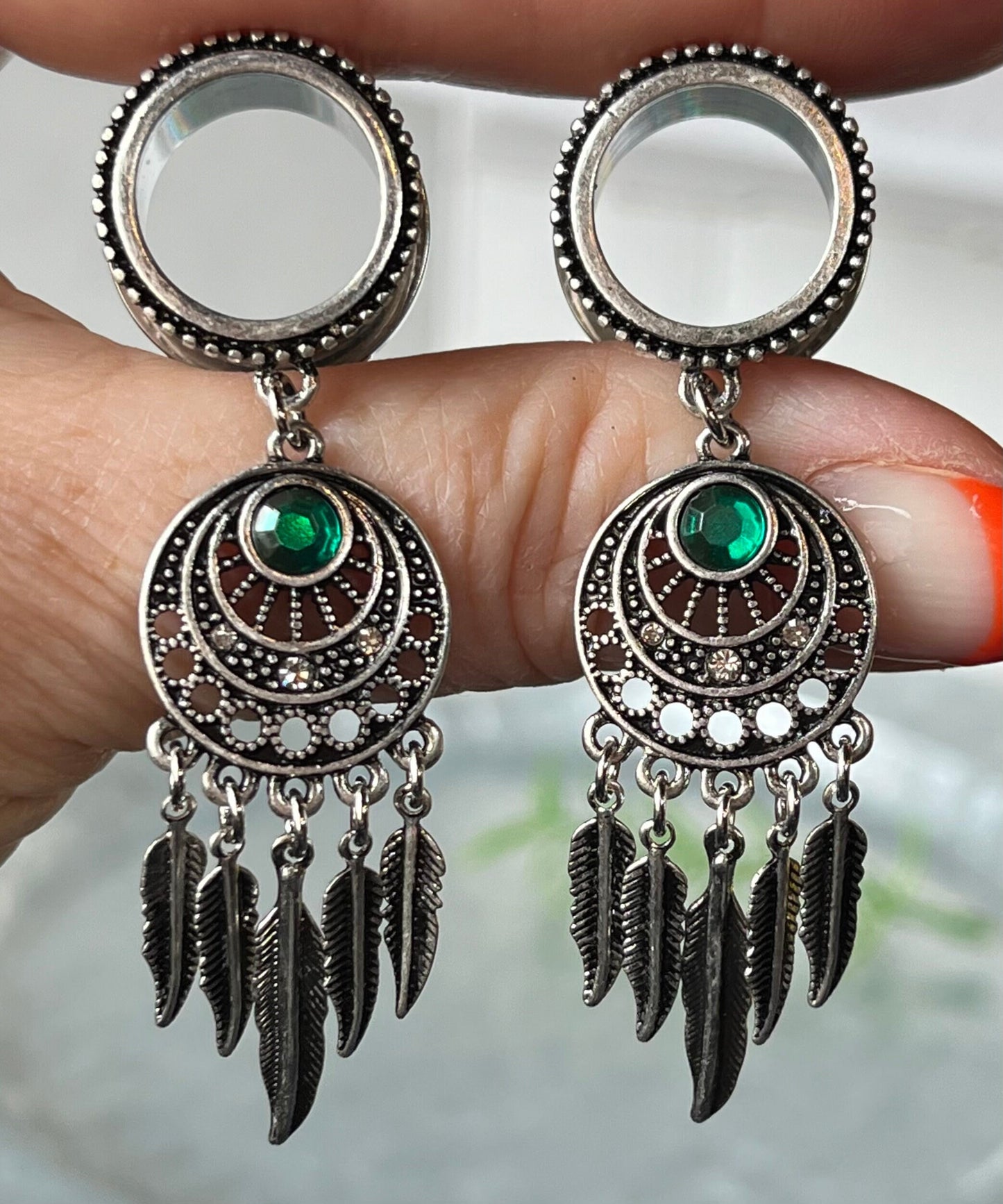 PAIR of Unique Dream Catcher with Beaded Edge and Green Crystal Gem Dangle Screw Fit Tunnels -Gauges 4g (5mm) thru 5/8" (16mm) Available!