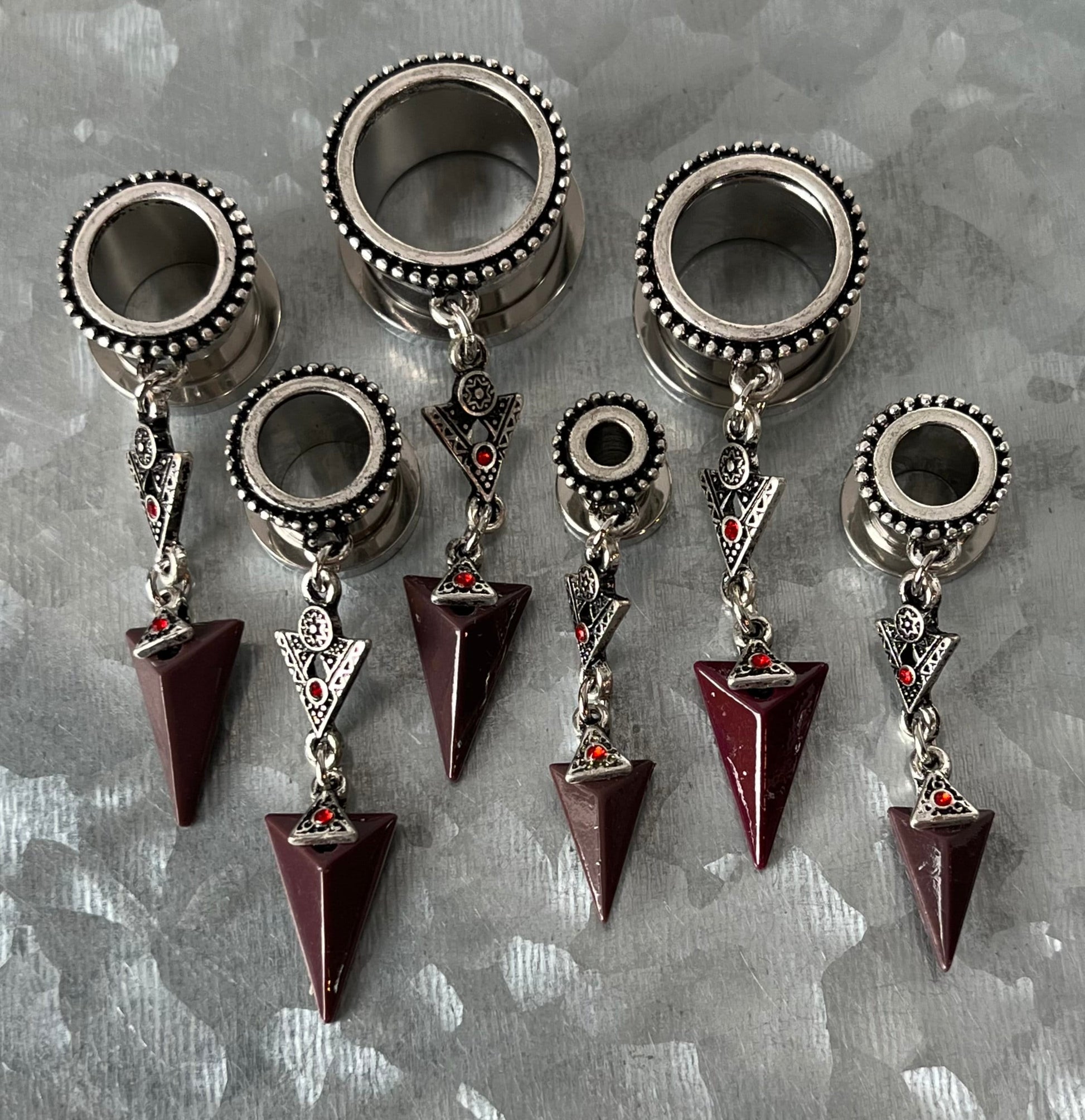 PAIR of Stunning Tribal Arrow Dangle Beaded Edge Screw Fit Tunnels - Gauges 4g (5mm) thru 5/8" (16mm) Available!