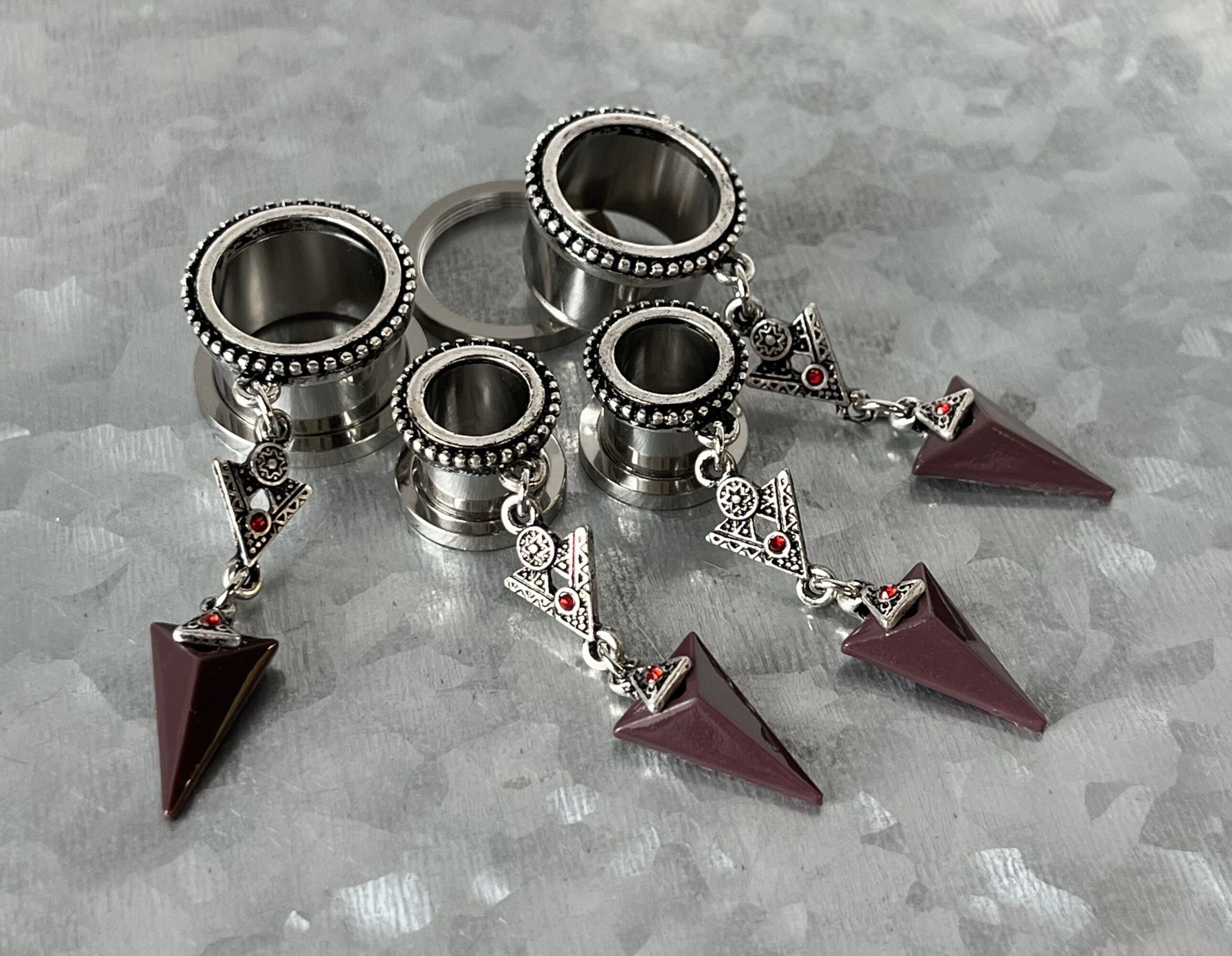 PAIR of Stunning Tribal Arrow Dangle Beaded Edge Screw Fit Tunnels - Gauges 4g (5mm) thru 5/8" (16mm) Available!