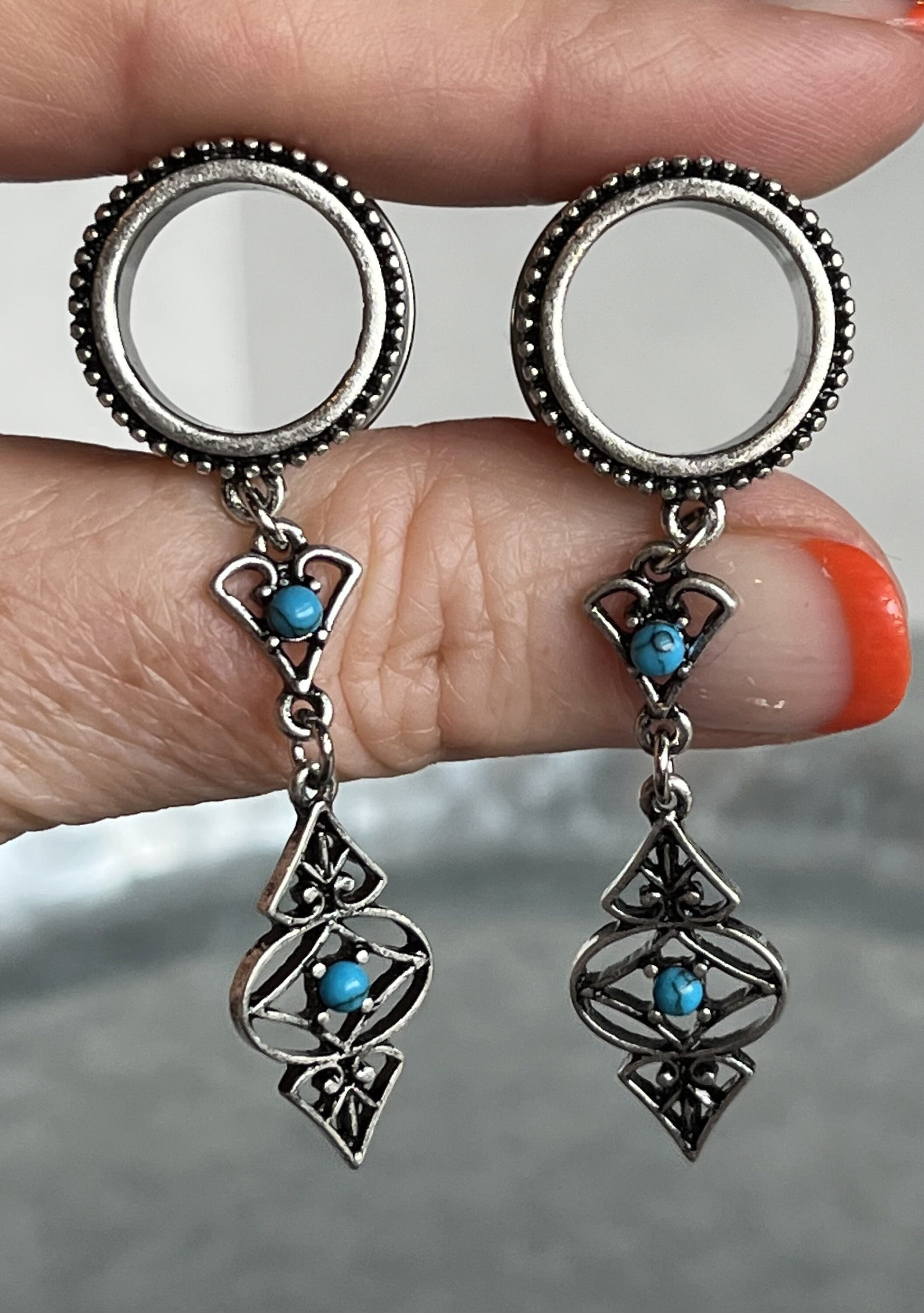PAIR of Beautiful Turquoise Tribal Charms Dangle Screw Fit Tunnels/Plugs - Gauges 2g (6mm) thru 5/8" (16mm) Available!