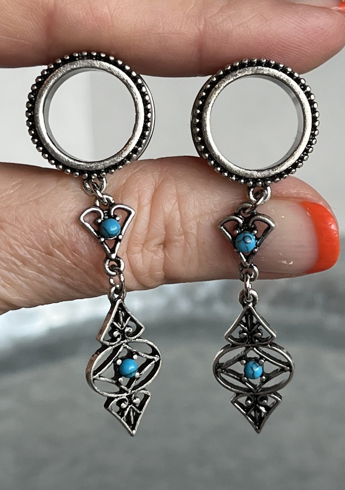 PAIR of Beautiful Turquoise Tribal Charms Dangle Screw Fit Tunnels/Plugs - Gauges 2g (6mm) thru 5/8" (16mm) Available!