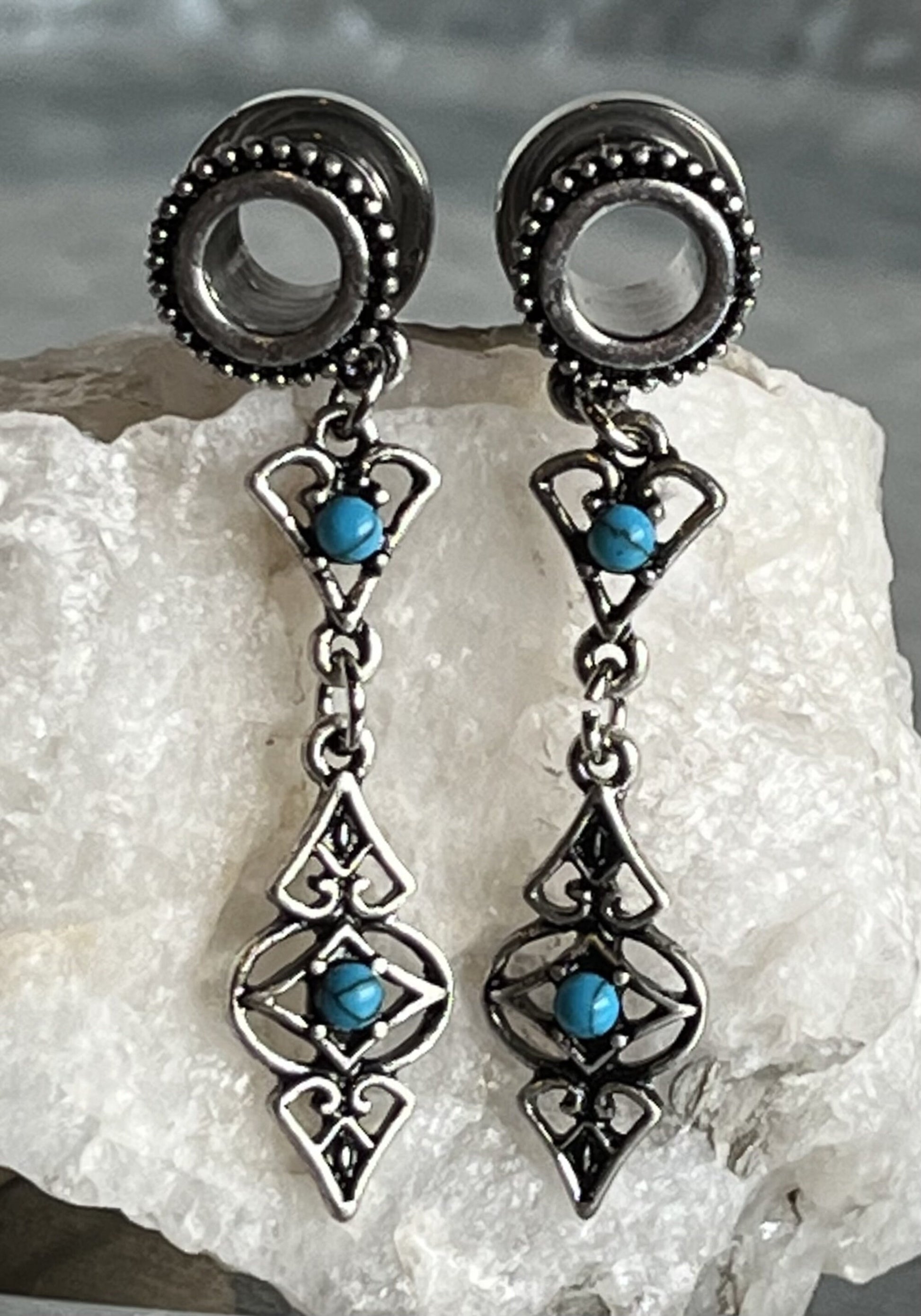 PAIR of Beautiful Turquoise Tribal Charms Dangle Screw Fit Tunnels/Plugs - Gauges 2g (6mm) thru 5/8" (16mm) Available!