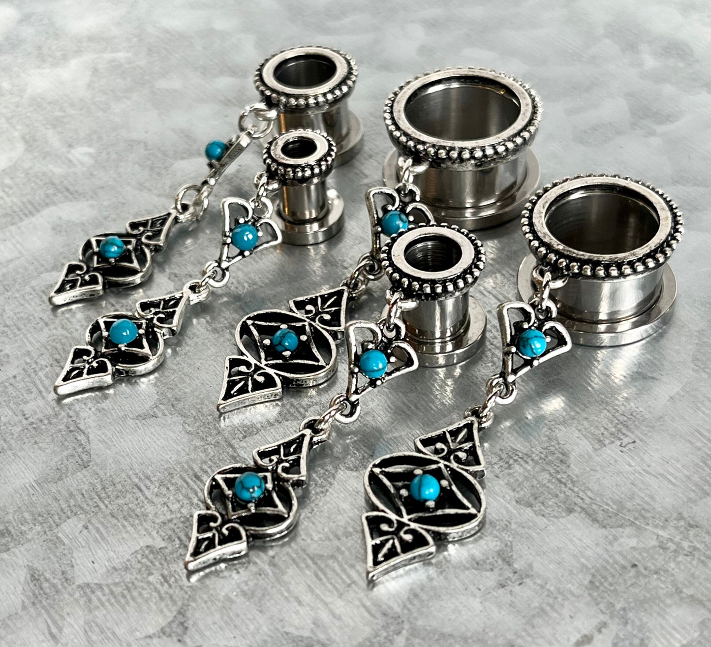 PAIR of Beautiful Turquoise Tribal Charms Dangle Screw Fit Tunnels/Plugs - Gauges 2g (6mm) thru 5/8" (16mm) Available!