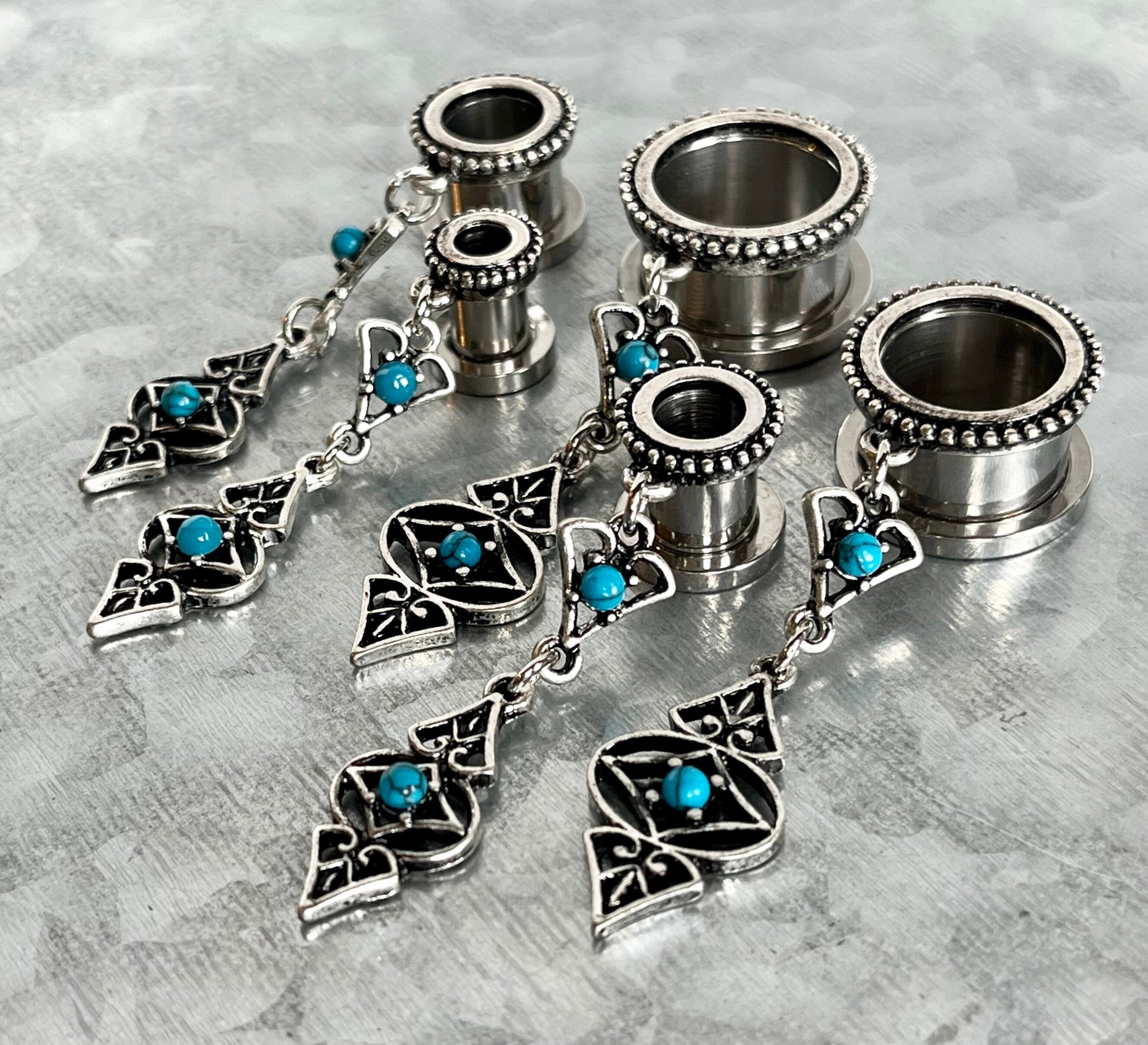PAIR of Beautiful Turquoise Tribal Charms Dangle Screw Fit Tunnels/Plugs - Gauges 2g (6mm) thru 5/8" (16mm) Available!