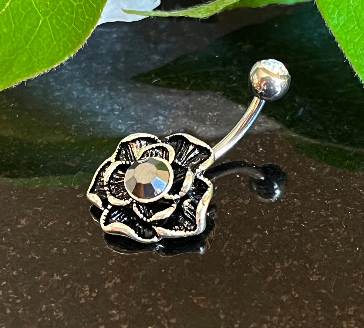 1 Piece Unique Vintage Hematite Flower Navel / Naval Belly Ring with Center Black CZ Gem!