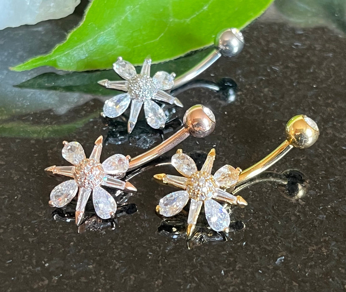 1 Piece Baguette & Pear Cut CZ Gem w/ Gem Ball Center Dangle Navel / Naval Belly Ring - 14g - 10mm - Gold, Steel and Rose Gold Available!