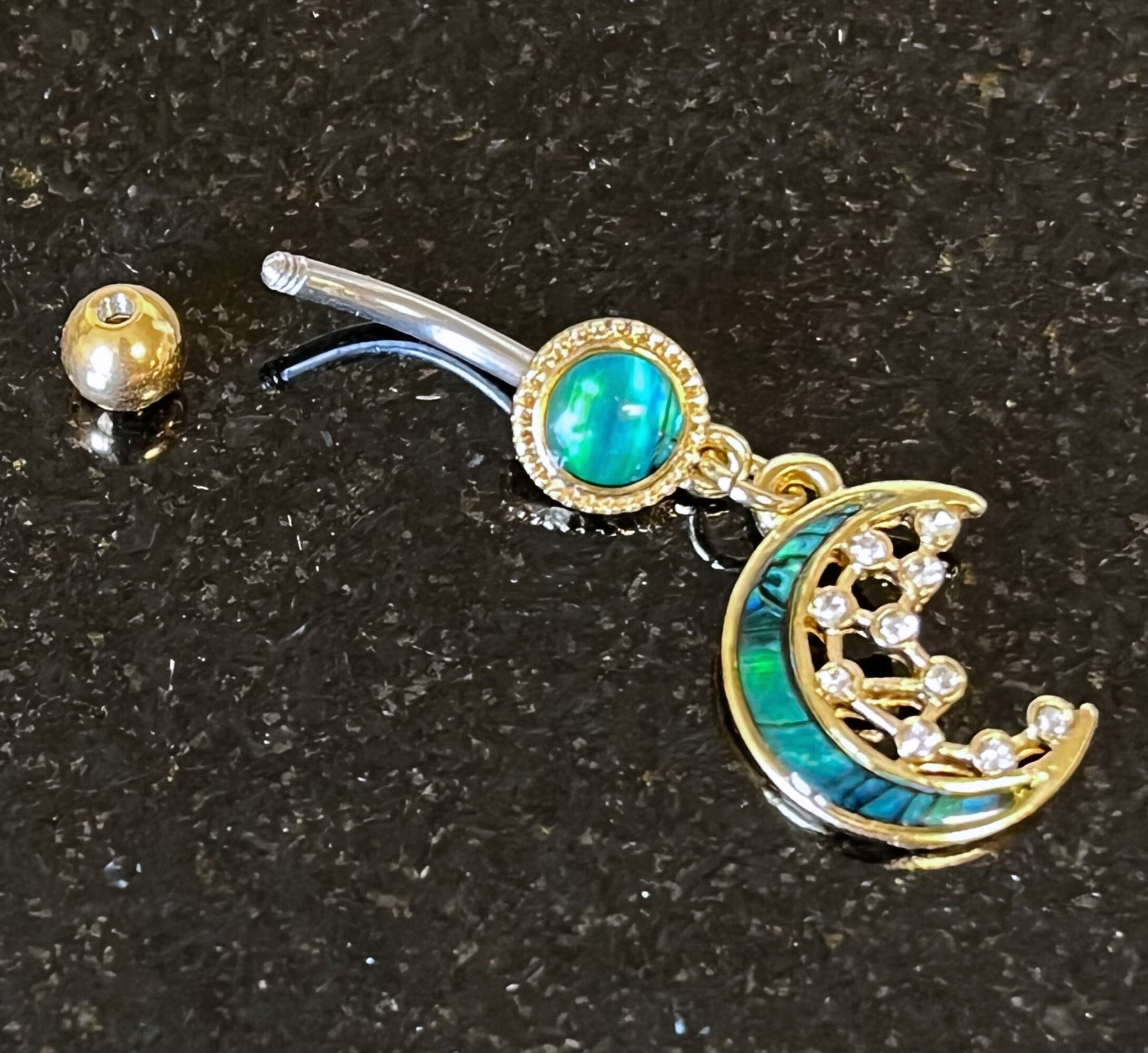 1 Piece Unique Abalone Shell Inlay Crescent Moon with CZ Stars Dangle Navel / Naval Belly Ring - 14g - 10mm - Gold and Rose Gold Available!