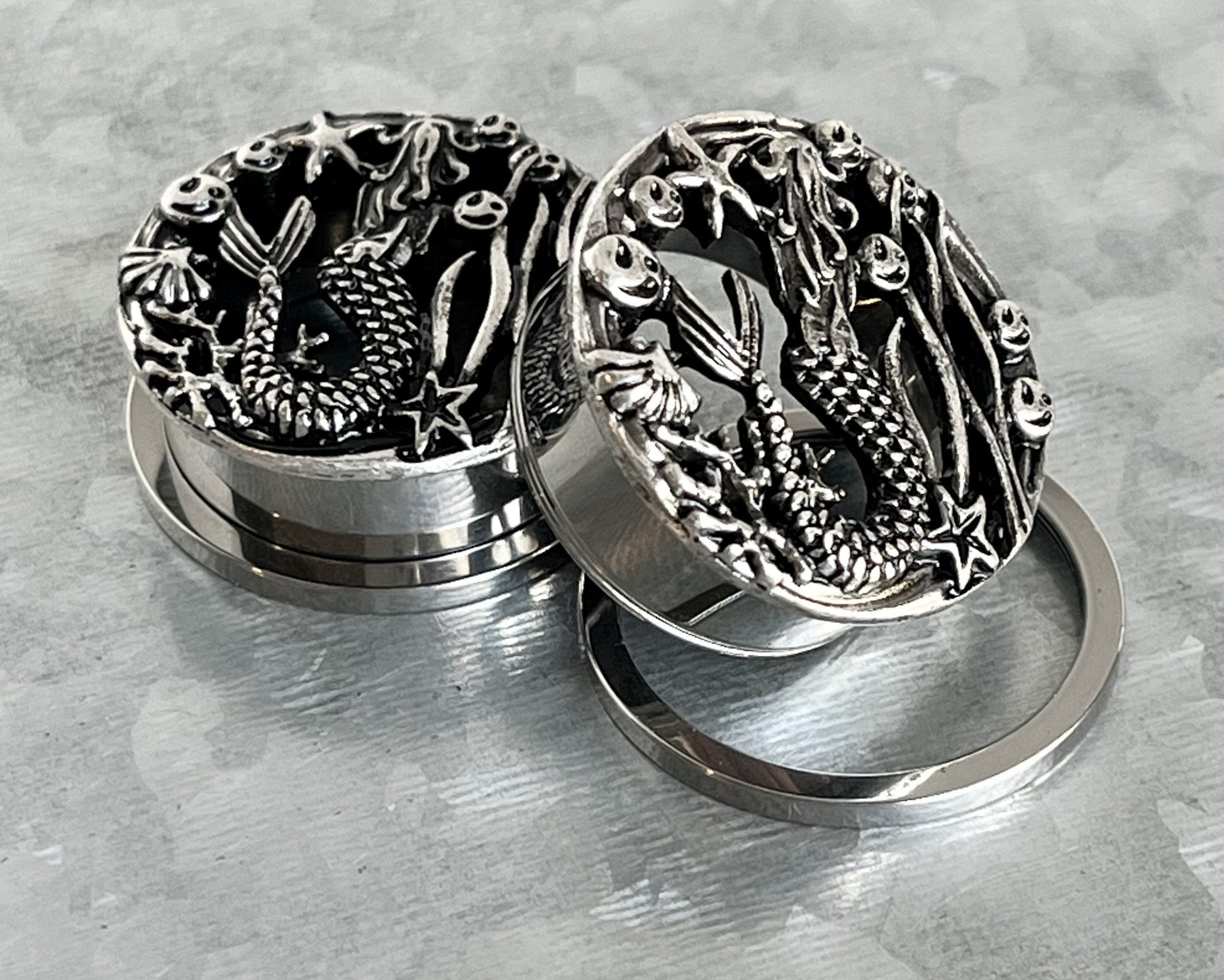 PAIR of Stunning Siren - Mermaid Surgical Steel Screw Fit Stainless Steel Tunnels/Plugs - Gauges 00g (10mm) thru 1" (25mm) available!