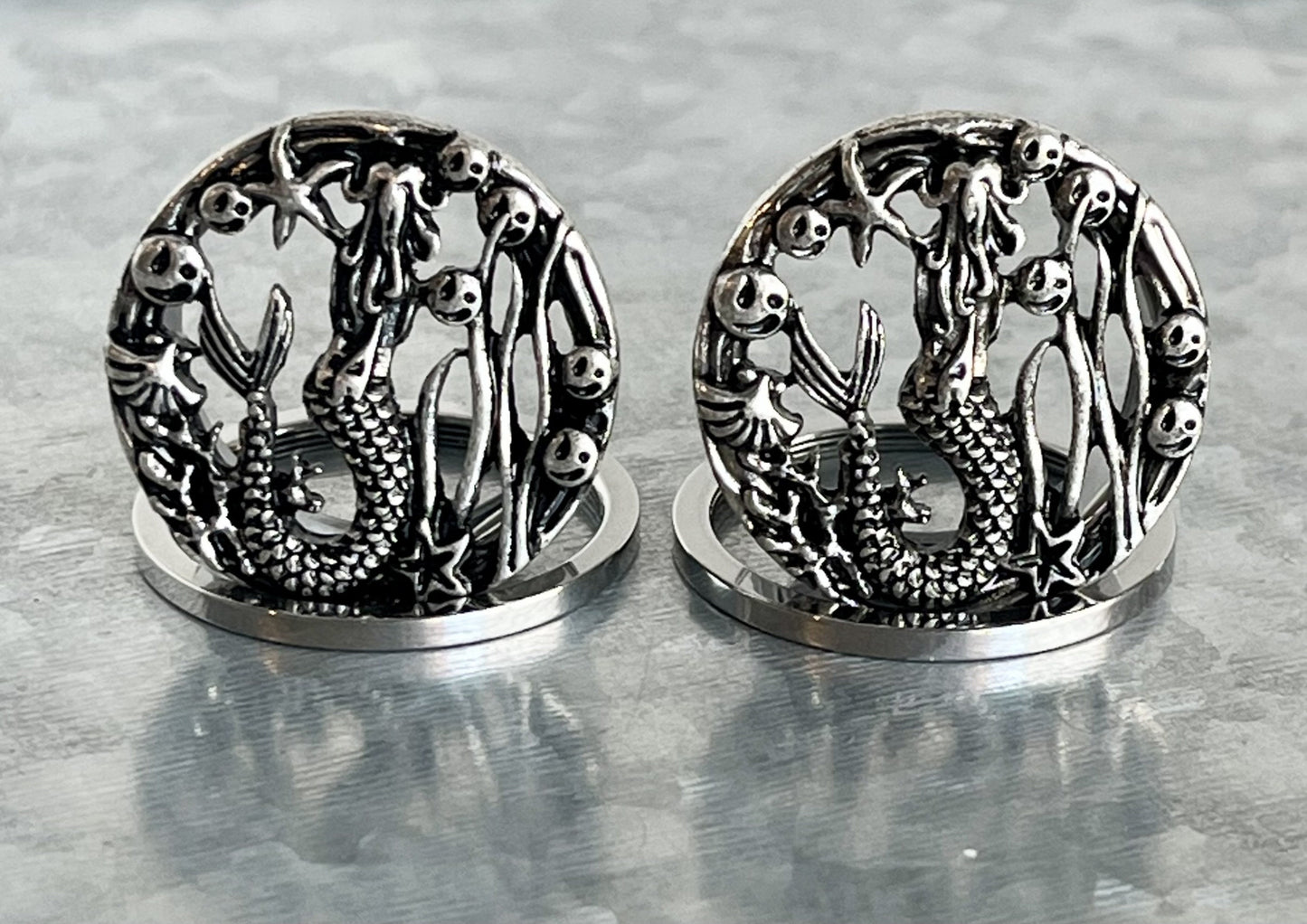 PAIR of Stunning Siren - Mermaid Surgical Steel Screw Fit Stainless Steel Tunnels/Plugs - Gauges 00g (10mm) thru 1" (25mm) available!