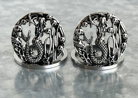 PAIR of Stunning Siren - Mermaid Surgical Steel Screw Fit Stainless Steel Tunnels/Plugs - Gauges 00g (10mm) thru 1" (25mm) available!