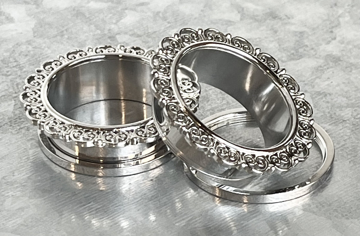 PAIR of Stunning Heart Filigree Top Screw Fit Tunnels/Plugs - Gauges 2g (6mm) thru 1" (25mm) available!