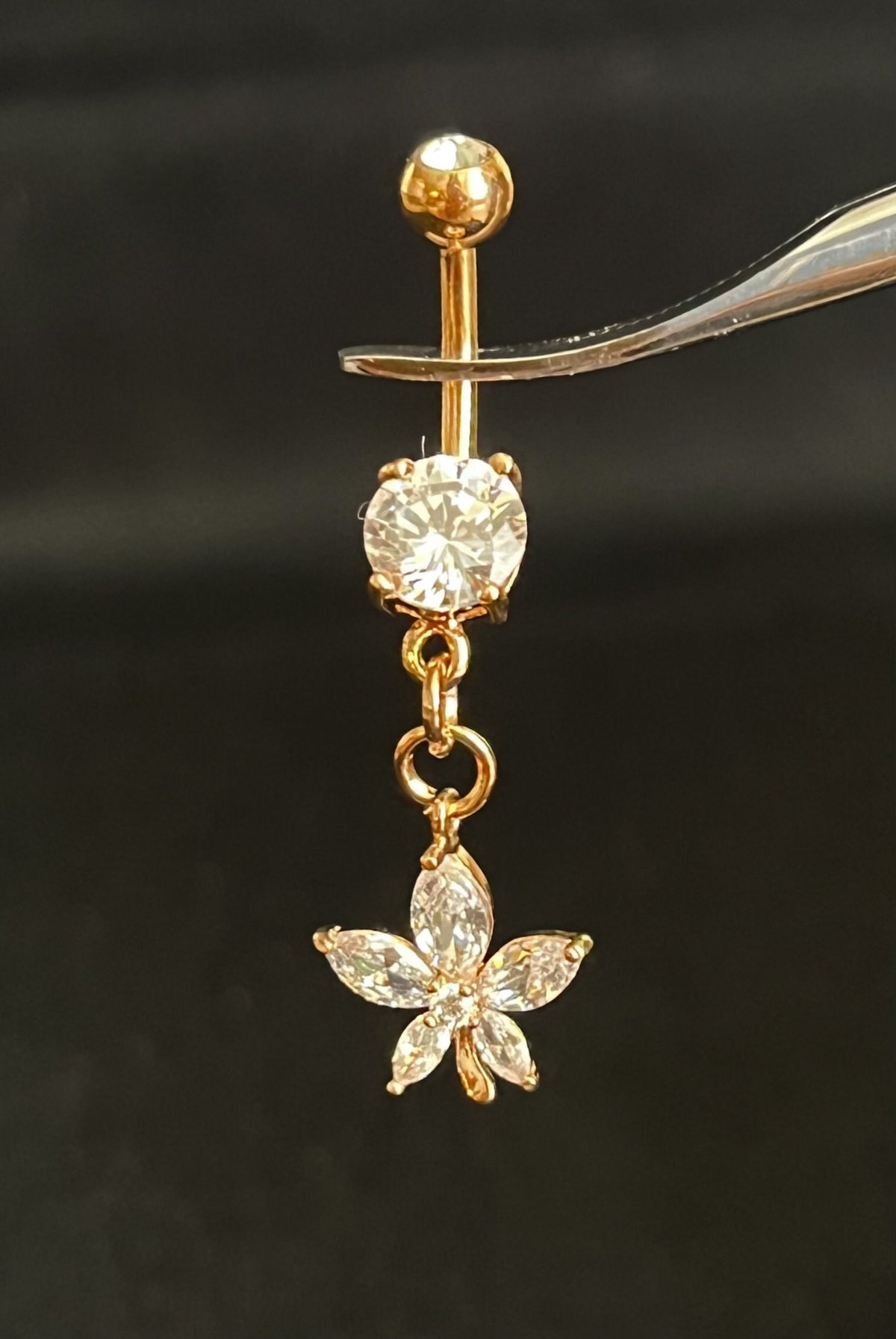 1 Piece Stunning Marquise Cut CZ Gem Flower Dangle Surgical Steel Navel / Naval Belly Ring - 14g- 10mm- Gold, Steel and Rose Gold Available!
