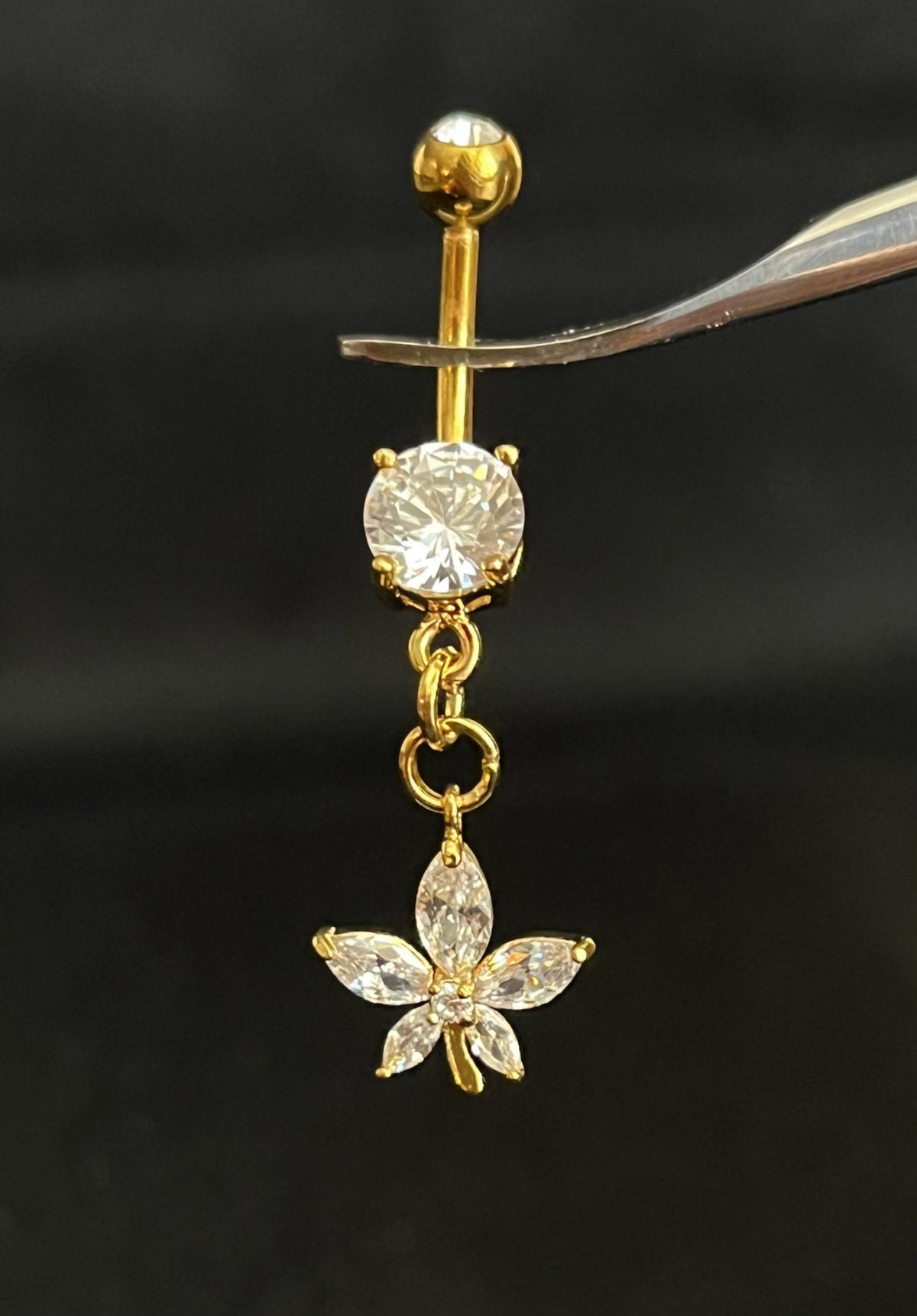 1 Piece Stunning Marquise Cut CZ Gem Flower Dangle Surgical Steel Navel / Naval Belly Ring - 14g- 10mm- Gold, Steel and Rose Gold Available!