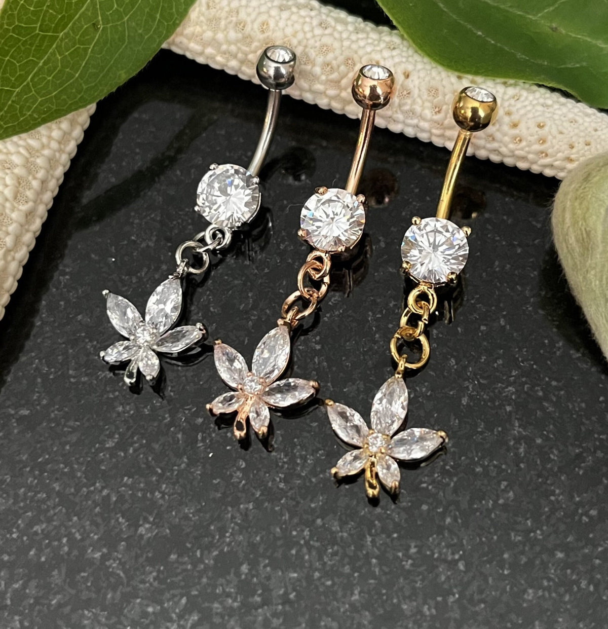 1 Piece Stunning Marquise Cut CZ Gem Flower Dangle Surgical Steel Navel / Naval Belly Ring - 14g- 10mm- Gold, Steel and Rose Gold Available!