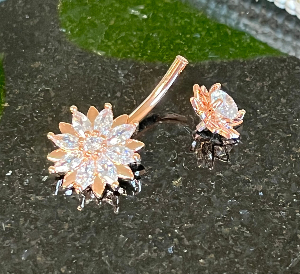 1 Piece Marquise CZ Gem Flower Internally Threaded Navel / Naval Belly Ring - 14g - 10mm Bar length - Gold, Steel and Rose Gold Available!