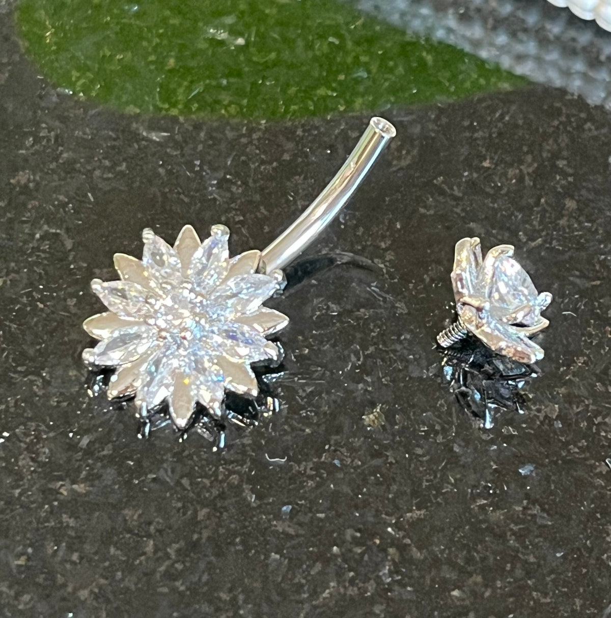 1 Piece Marquise CZ Gem Flower Internally Threaded Navel / Naval Belly Ring - 14g - 10mm Bar length - Gold, Steel and Rose Gold Available!