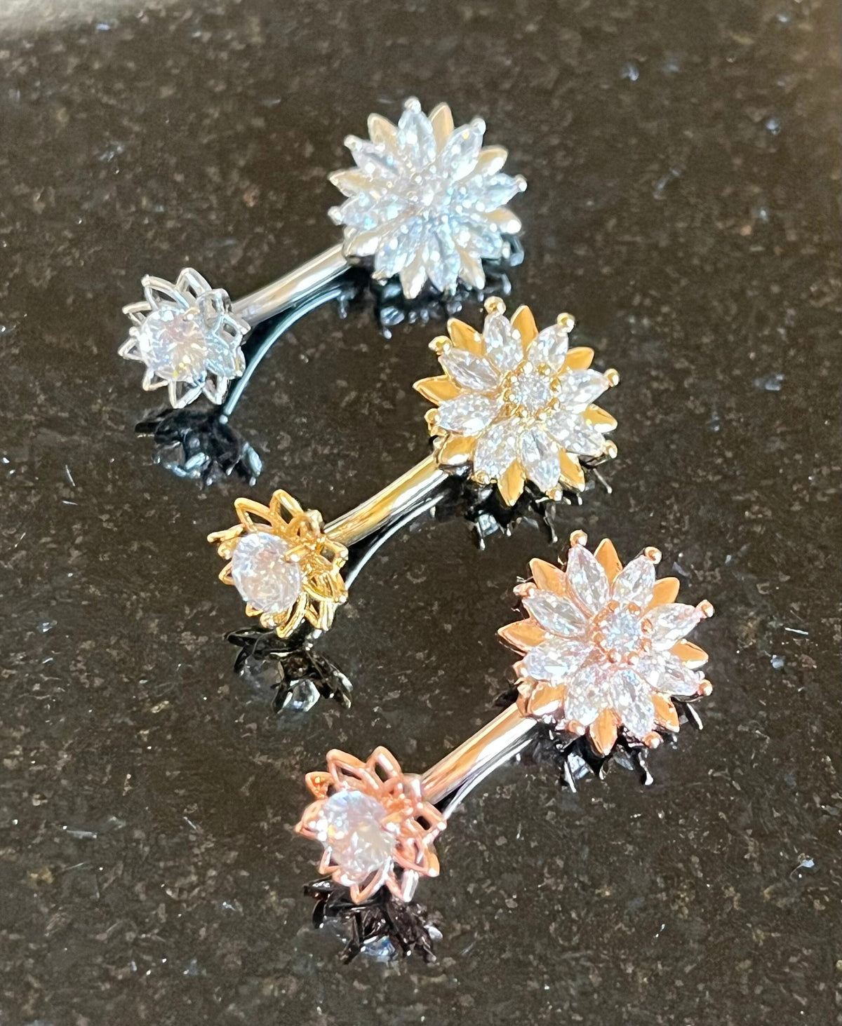 1 Piece Marquise CZ Gem Flower Internally Threaded Navel / Naval Belly Ring - 14g - 10mm Bar length - Gold, Steel and Rose Gold Available!