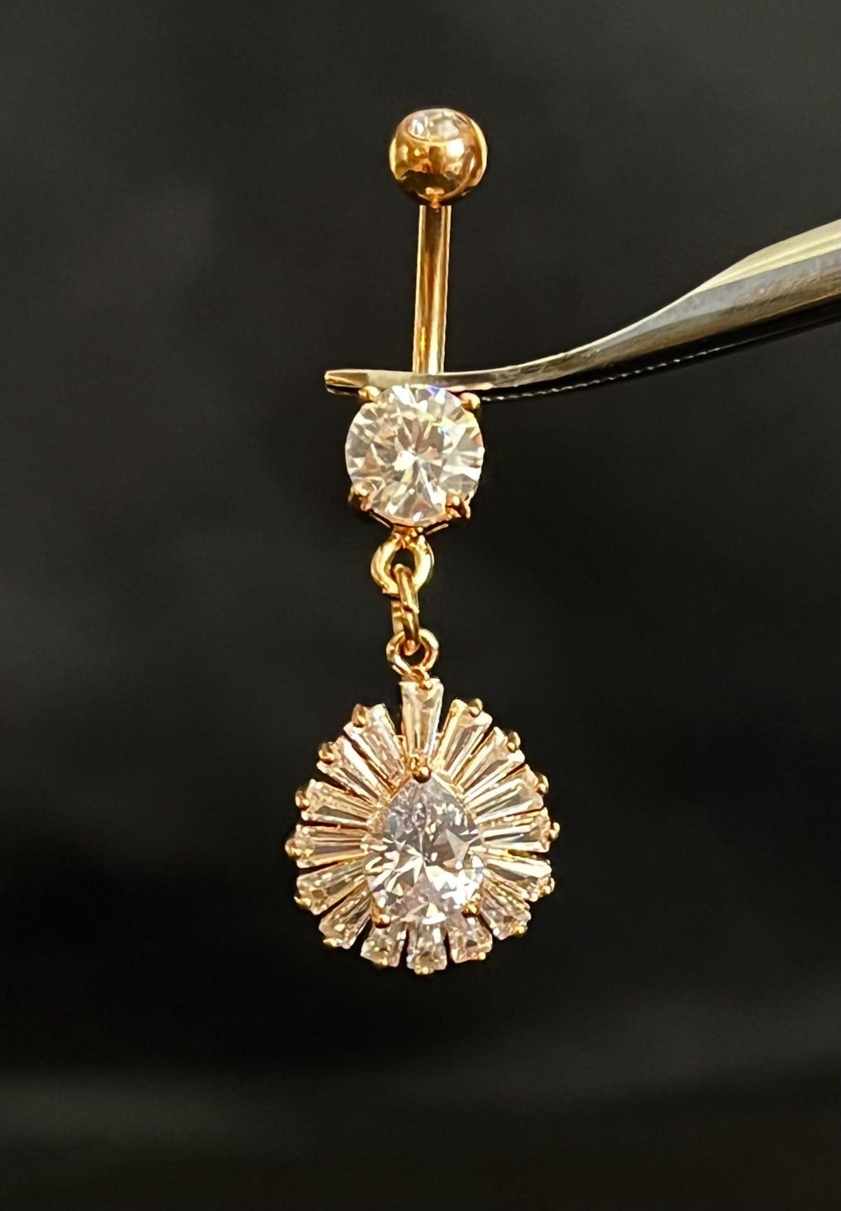 1 Piece Princess Cut Gem TearDrop CZ Gem Centered Surgical Steel Navel / Naval Belly Ring - 14g - 10mm- Gold, Steel and Rose Gold Available!