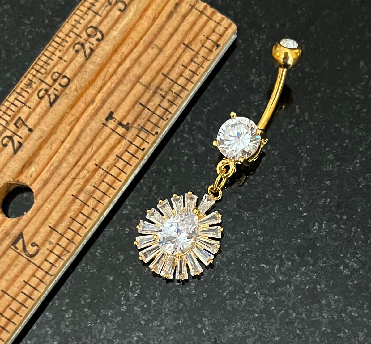 1 Piece Princess Cut Gem TearDrop CZ Gem Centered Surgical Steel Navel / Naval Belly Ring - 14g - 10mm- Gold, Steel and Rose Gold Available!