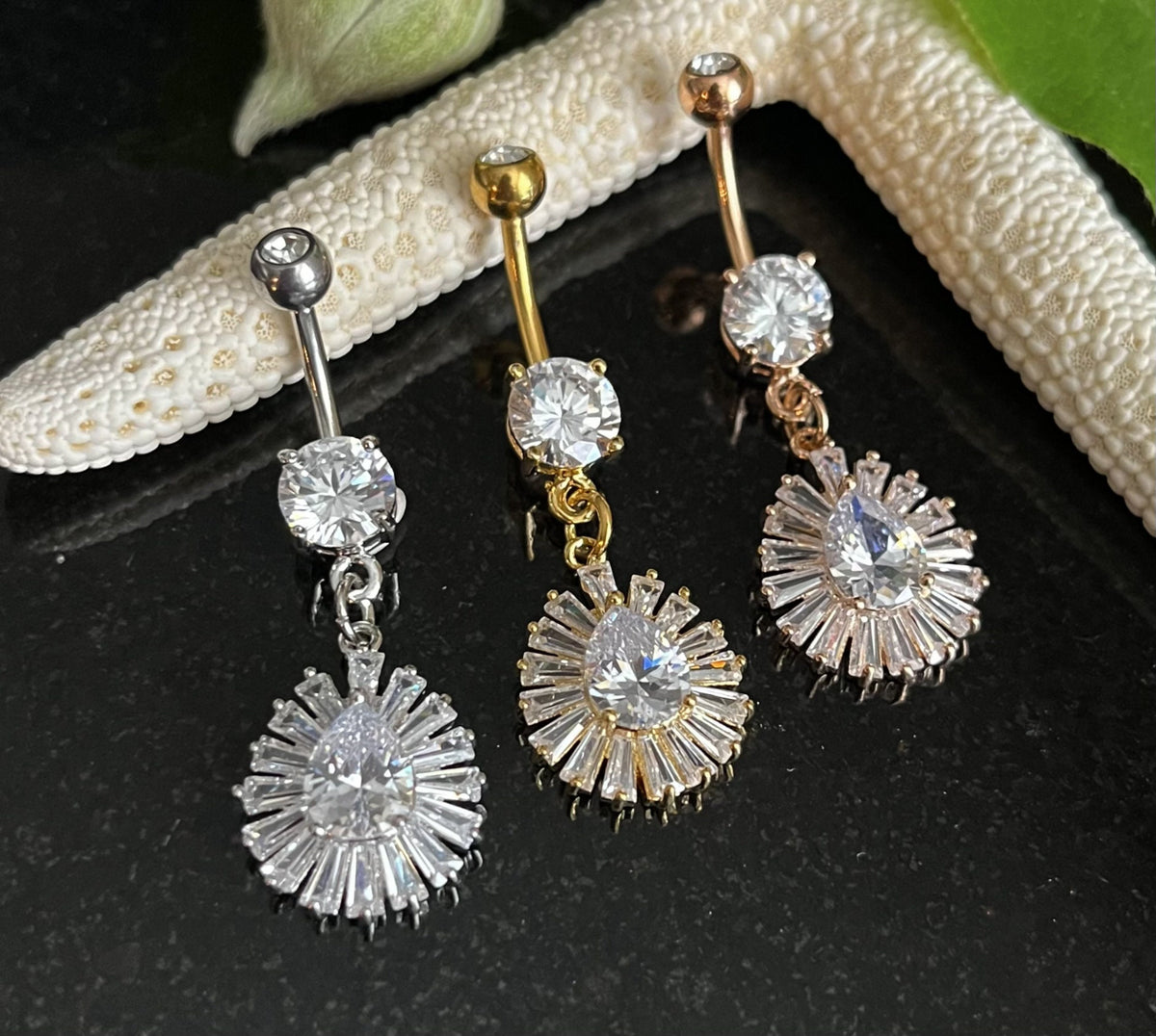 1 Piece Princess Cut Gem TearDrop CZ Gem Centered Surgical Steel Navel / Naval Belly Ring - 14g - 10mm- Gold, Steel and Rose Gold Available!