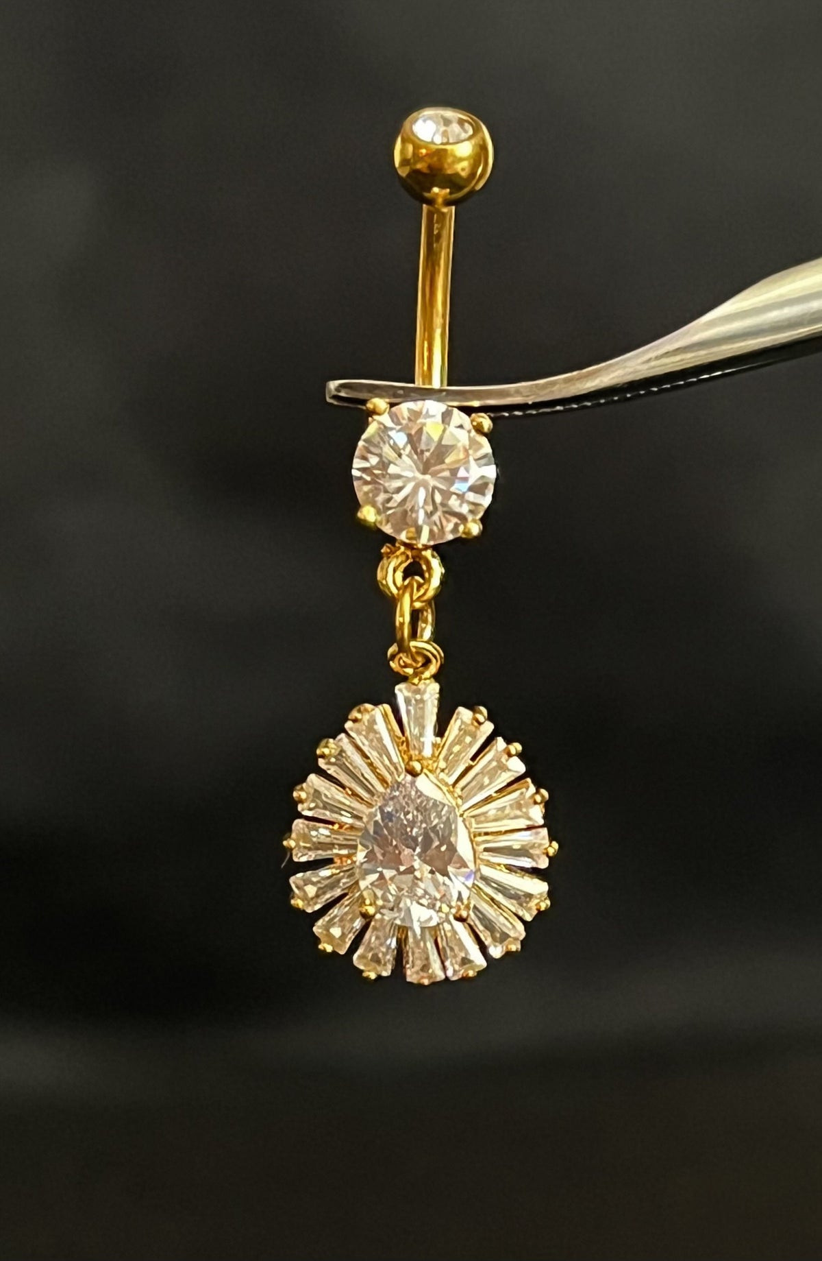 1 Piece Princess Cut Gem TearDrop CZ Gem Centered Surgical Steel Navel / Naval Belly Ring - 14g - 10mm- Gold, Steel and Rose Gold Available!
