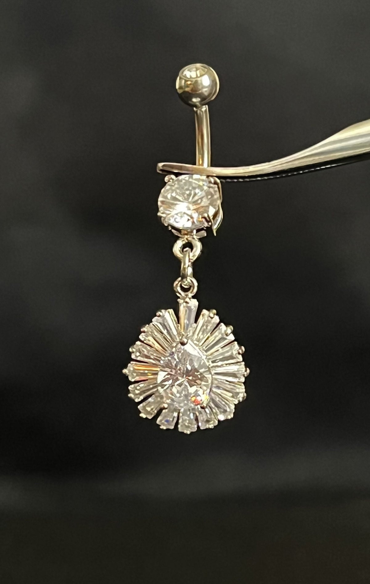 1 Piece Princess Cut Gem TearDrop CZ Gem Centered Surgical Steel Navel / Naval Belly Ring - 14g - 10mm- Gold, Steel and Rose Gold Available!