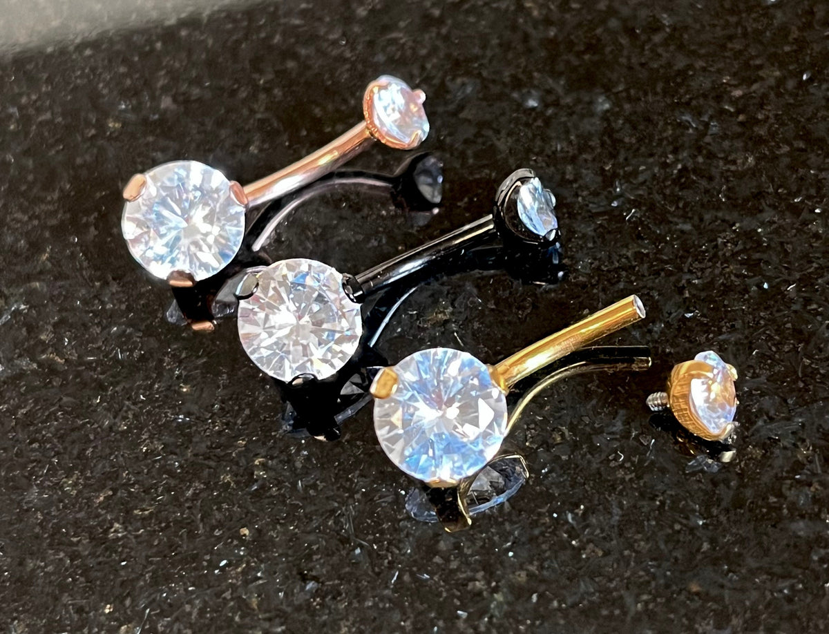1 Piece Prong Set CZ Gem Titanium IP Internally Threaded Navel / Naval Belly Ring - 14g - 10mm - Black, Gold and Rose Gold Available!