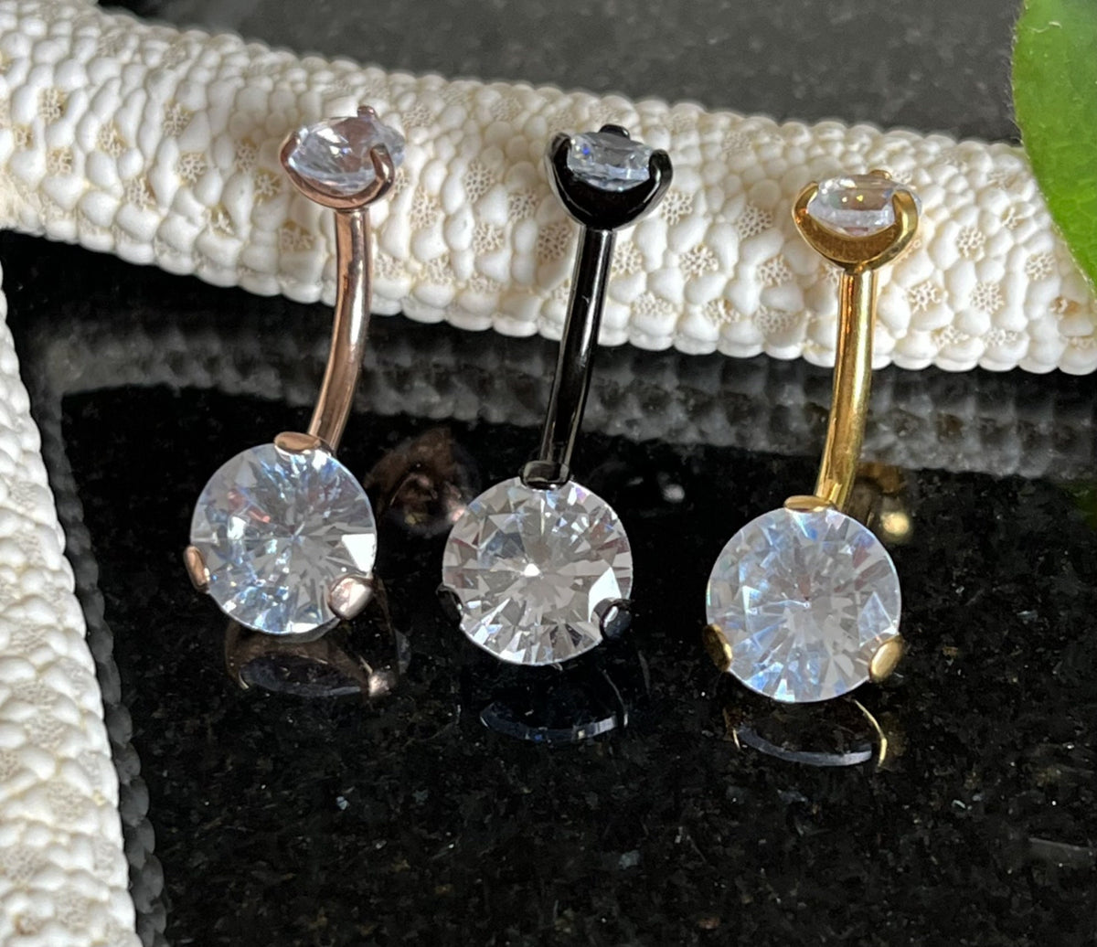 1 Piece Prong Set CZ Gem Titanium IP Internally Threaded Navel / Naval Belly Ring - 14g - 10mm - Black, Gold and Rose Gold Available!