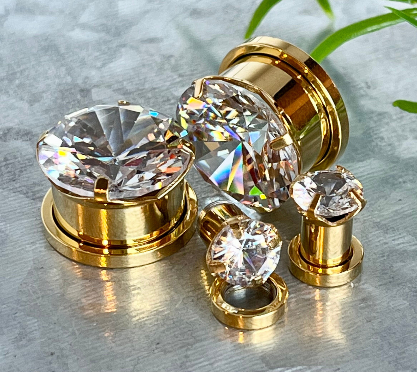 PAIR of Stunning Large CZ Gem Screw Fit Steel Tunnels / Plugs - Gauges 2g (6mm) thru 5/8" (16mm) & 8 Colors Combos Available!