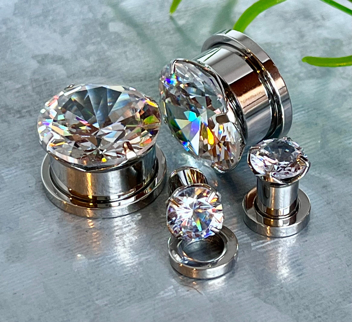 PAIR of Stunning Large CZ Gem Screw Fit Steel Tunnels / Plugs - Gauges 2g (6mm) thru 5/8" (16mm) & 8 Colors Combos Available!