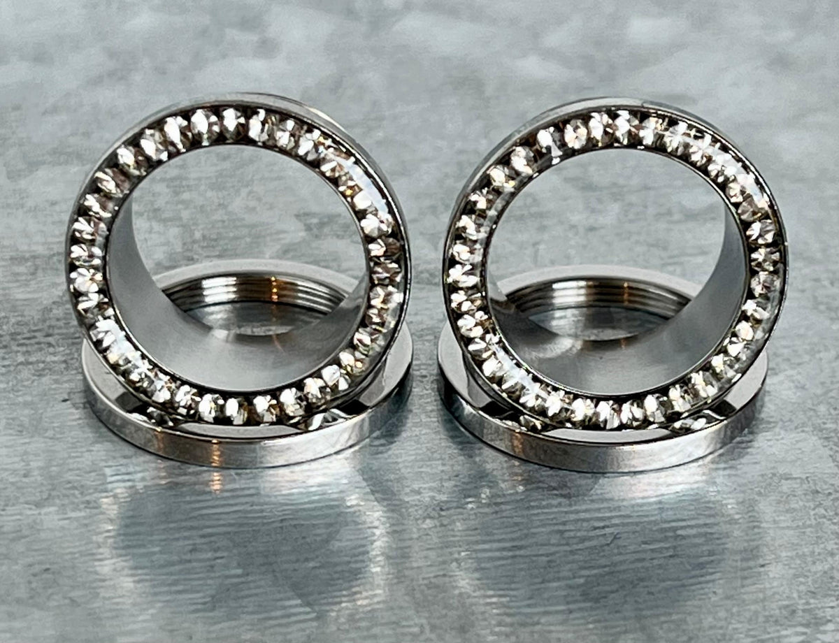 PAIR of Stunning Epoxy over CZ Gem Rim 316L Surgical Steel Screw Fit Tunnel/Plugs - Gauges 8g (3.2mm) thru 15/16" (24mm) available!