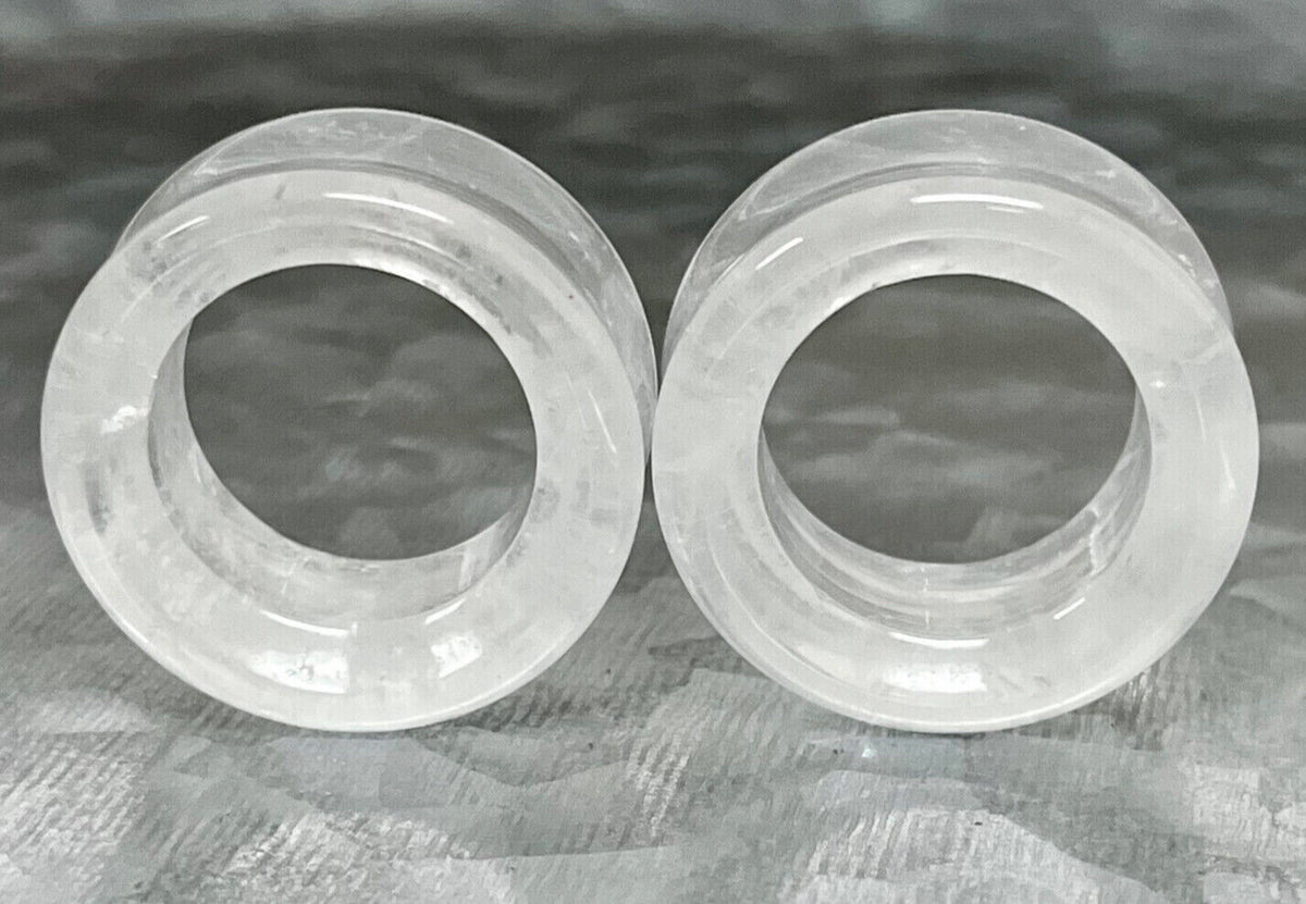 PAIR of Beautiful Clear Quartz Stone Tunnels Organic Stone Double Flare Plugs - Gauges 2g (6.5mm) thru 1" (25mm) available!