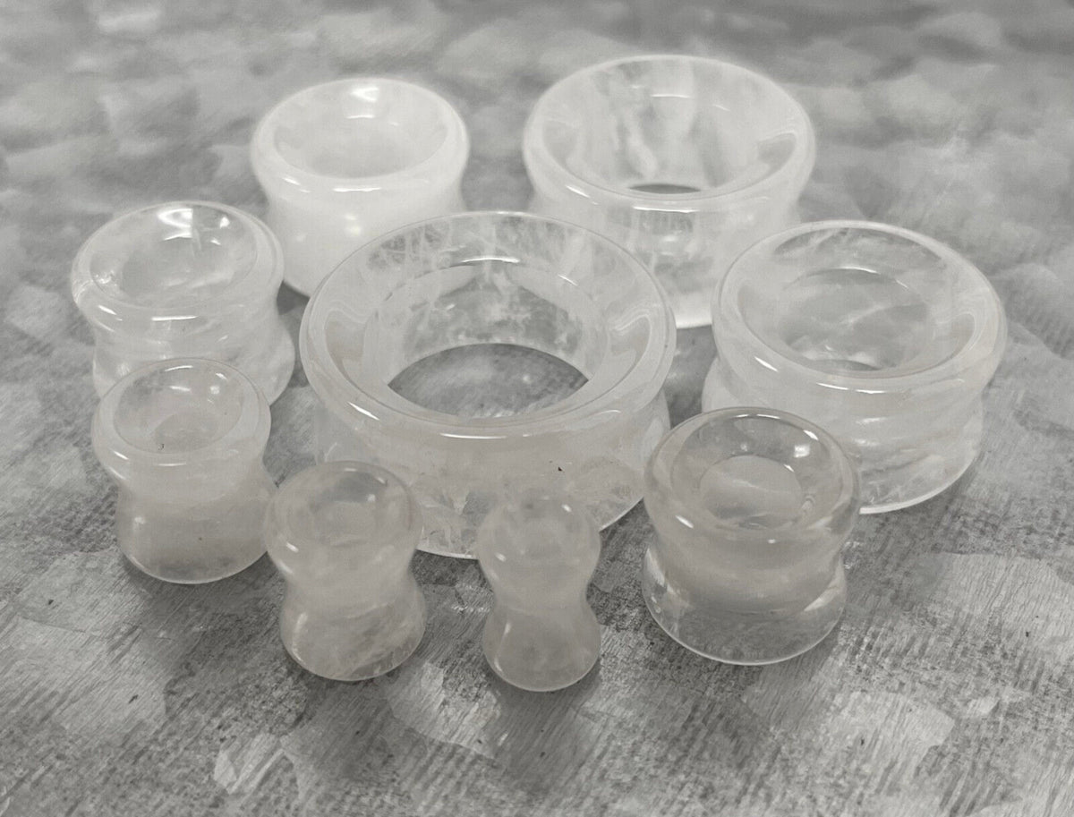 PAIR of Beautiful Clear Quartz Stone Tunnels Organic Stone Double Flare Plugs - Gauges 2g (6.5mm) thru 1" (25mm) available!