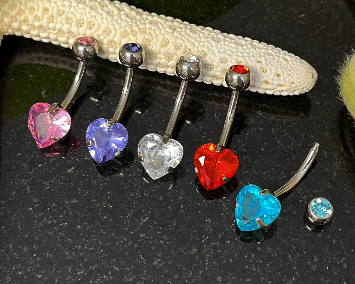 1 Piece Stunning Solid Implant Grade Titanium Heart Gem Navel / Naval Belly Ring - 14g - 10mm - Aqua, Clear, Pink, Red & Purple Available!