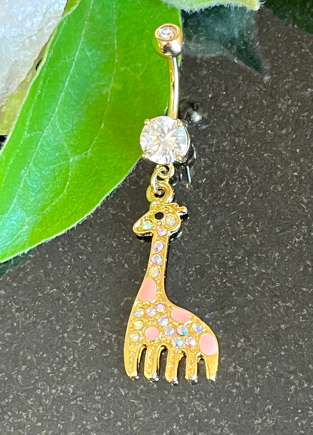 1 Piece Unique 14kt Gold Plated Paved Giraffe Dangle Navel / Naval Belly Ring!