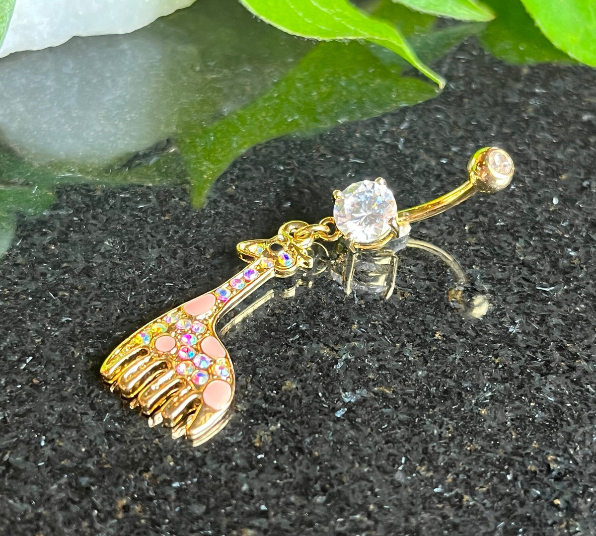 1 Piece Unique 14kt Gold Plated Paved Giraffe Dangle Navel / Naval Belly Ring!