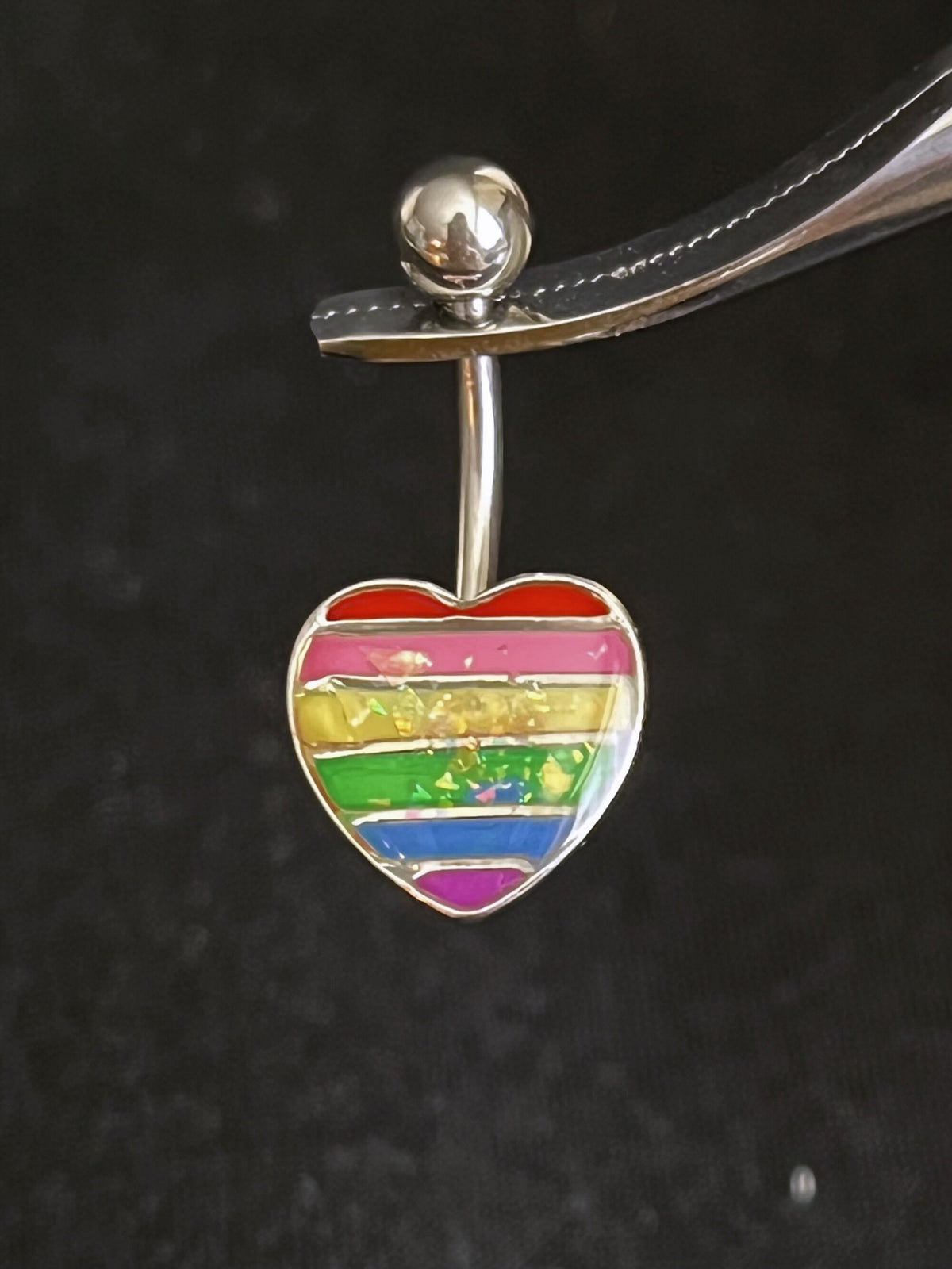 1 Piece Beautiful Rainbow Opal Glitter Filled Heart Gay Pride Navel / Naval Belly Ring - 14g - 10mm Bar Length!