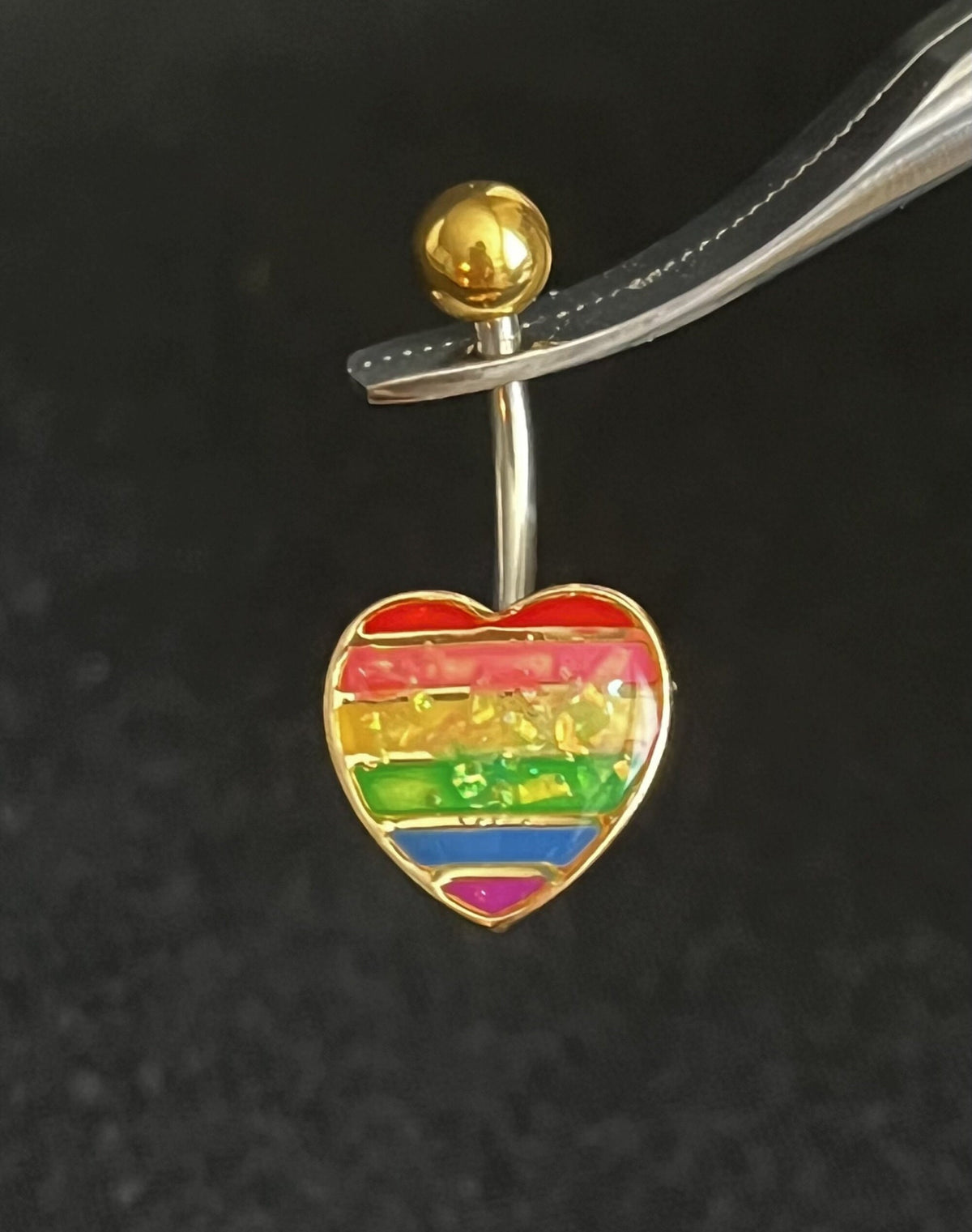 1 Piece Beautiful Rainbow Opal Glitter Filled Heart Gay Pride Navel / Naval Belly Ring - 14g - 10mm Bar Length!