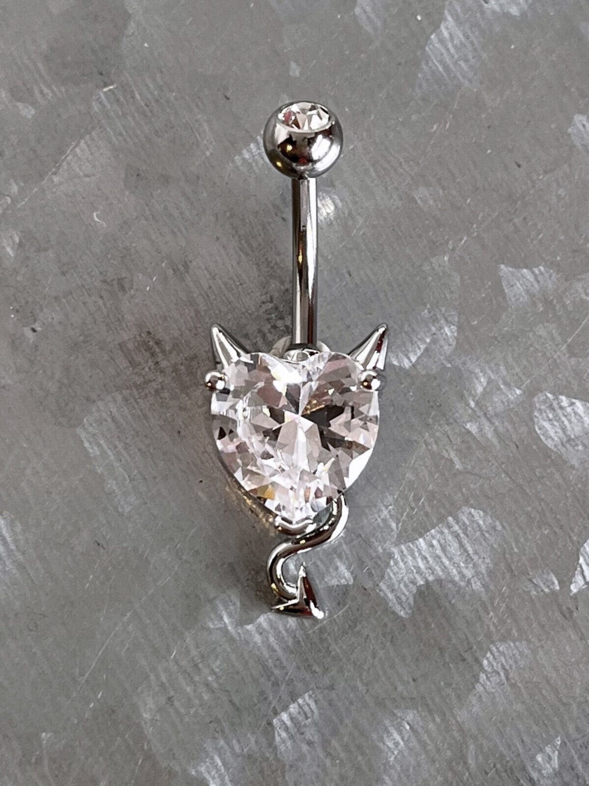 1 Piece Unique Cubic Zirconia Gem Heart Devil Horns & Tail Navel / Naval Belly Ring - 14g - 10mm - Silver w/ Clear Gem or Gold w/ Red Gem!