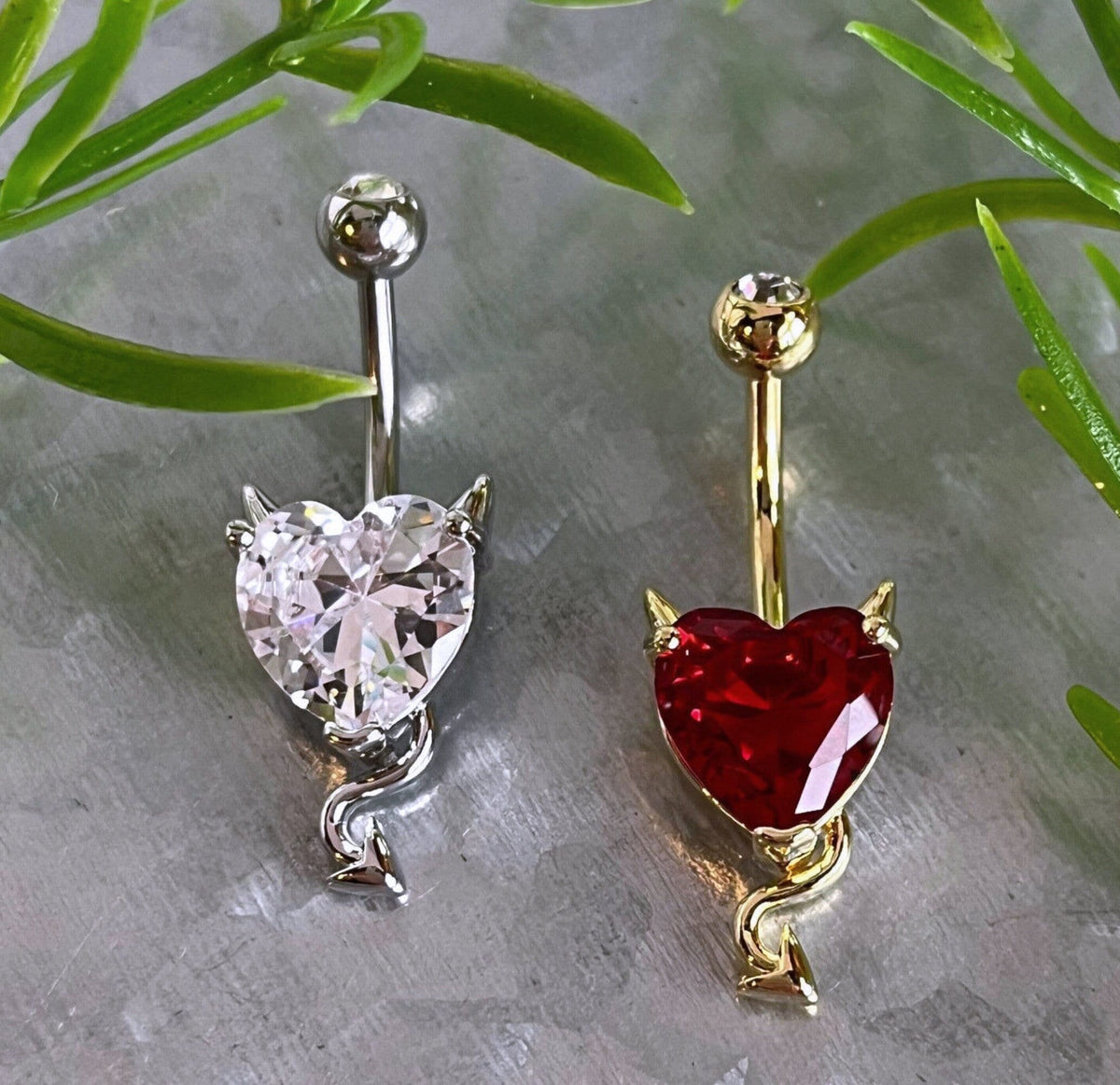 1 Piece Unique Cubic Zirconia Gem Heart Devil Horns & Tail Navel / Naval Belly Ring - 14g - 10mm - Silver w/ Clear Gem or Gold w/ Red Gem!