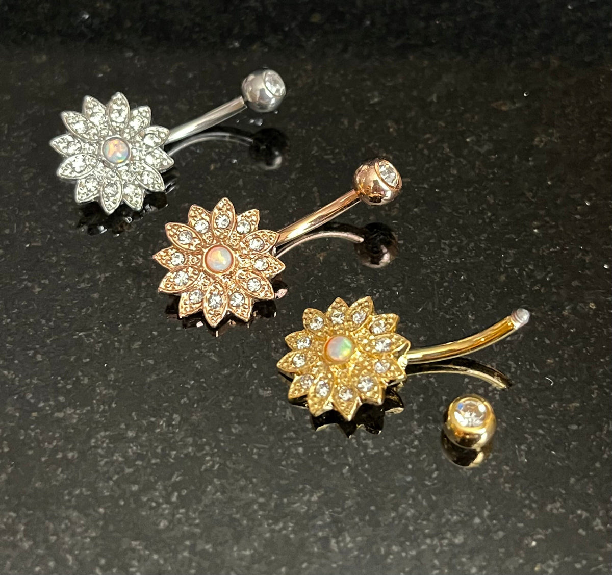 1 Piece Unique Small Flower with Opal Center Crystal Paved Petals Navel/Naval Belly Ring - 14g - 10mm -Gold, Steel and Rose Gold Available!
