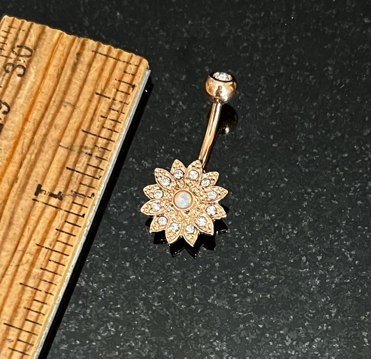 1 Piece Unique Small Flower with Opal Center Crystal Paved Petals Navel/Naval Belly Ring - 14g - 10mm -Gold, Steel and Rose Gold Available!