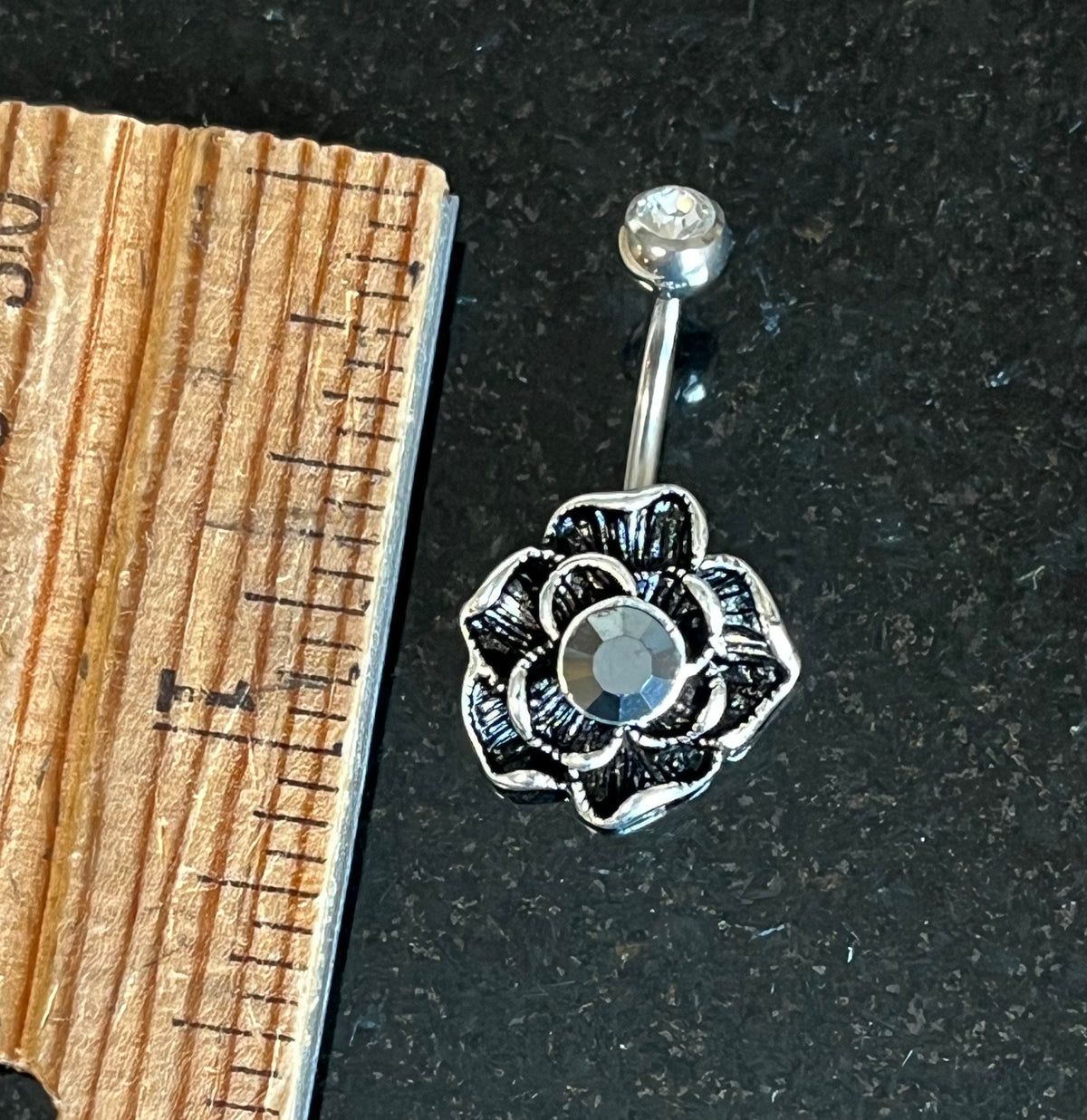 1 Piece Unique Vintage Hematite Flower Navel / Naval Belly Ring with Center Black CZ Gem!