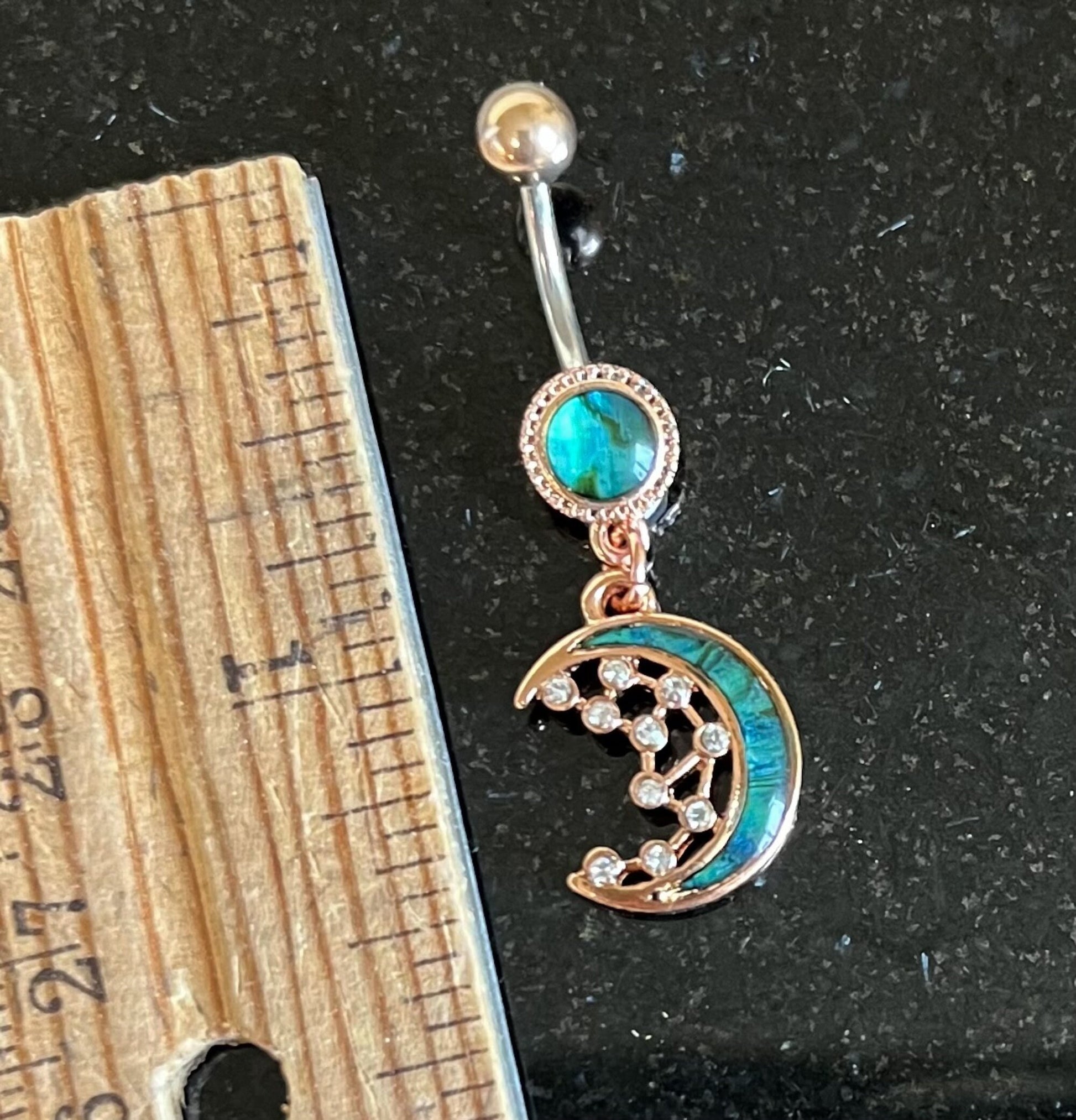 1 Piece Unique Abalone Shell Inlay Crescent Moon with CZ Stars Dangle Navel / Naval Belly Ring - 14g - 10mm - Gold and Rose Gold Available!