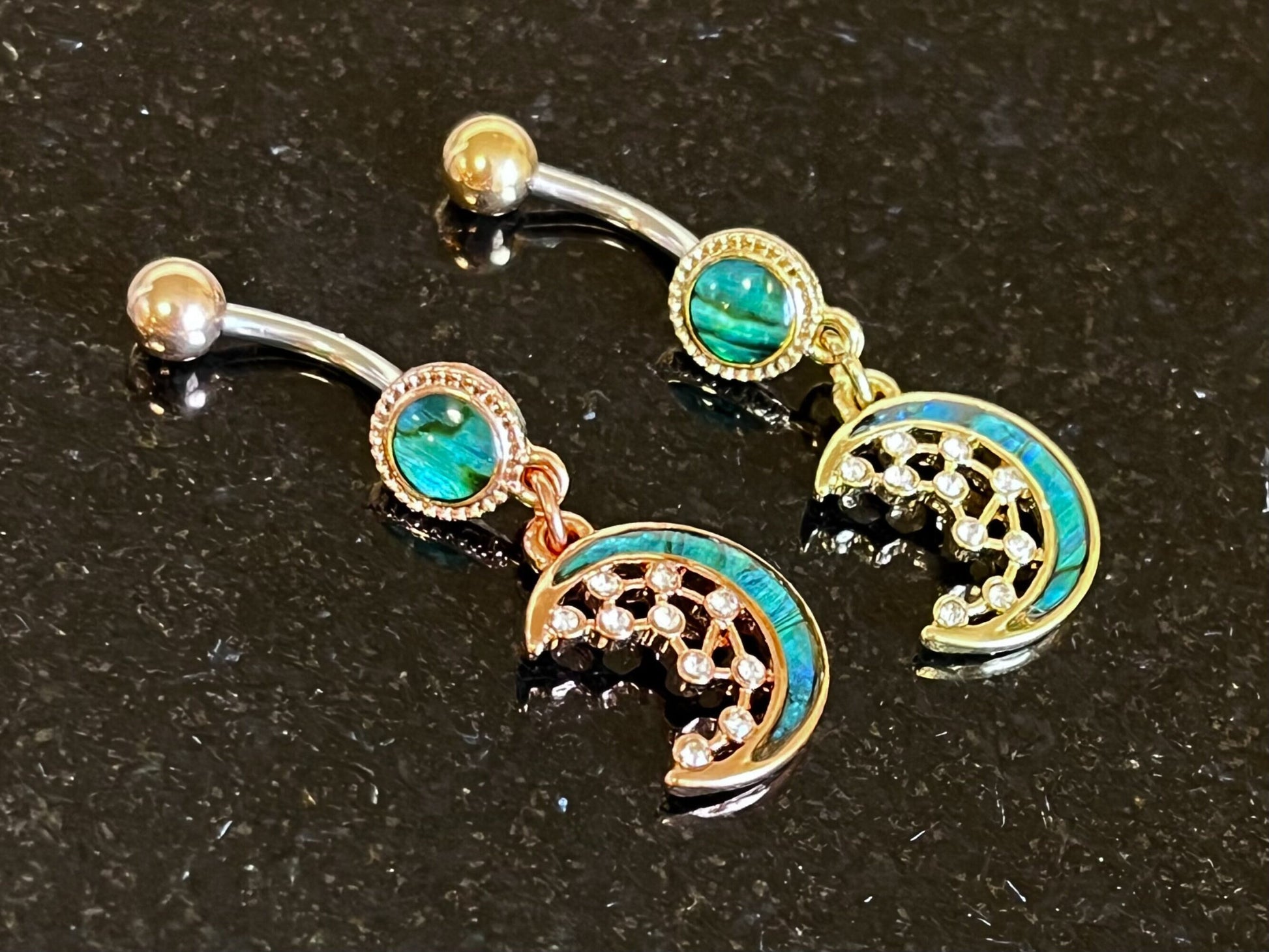 1 Piece Unique Abalone Shell Inlay Crescent Moon with CZ Stars Dangle Navel / Naval Belly Ring - 14g - 10mm - Gold and Rose Gold Available!